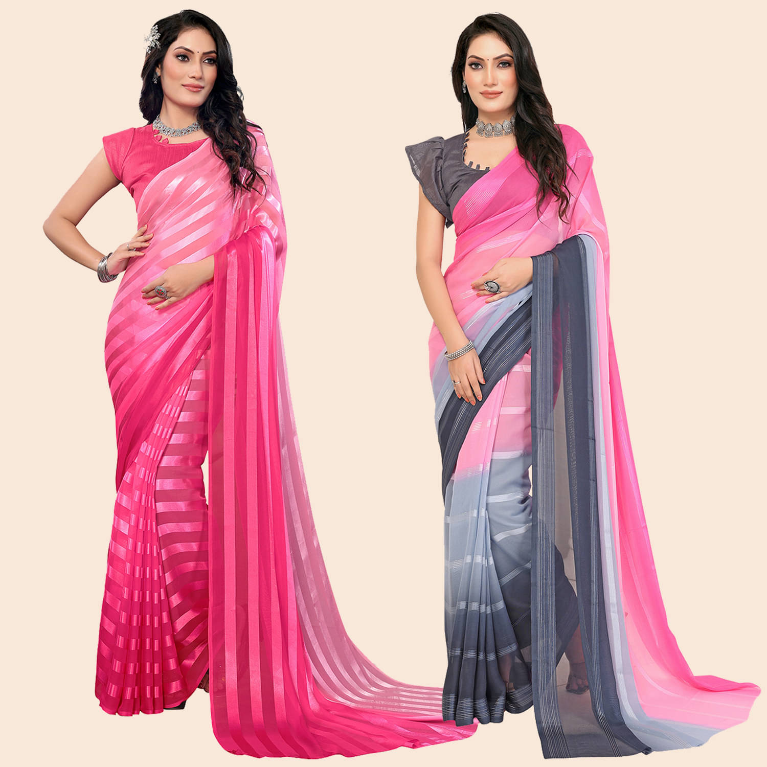     			Kashvi Sarees Satin Striped Saree With Unstitched Blouse Piece ( Multicolor )