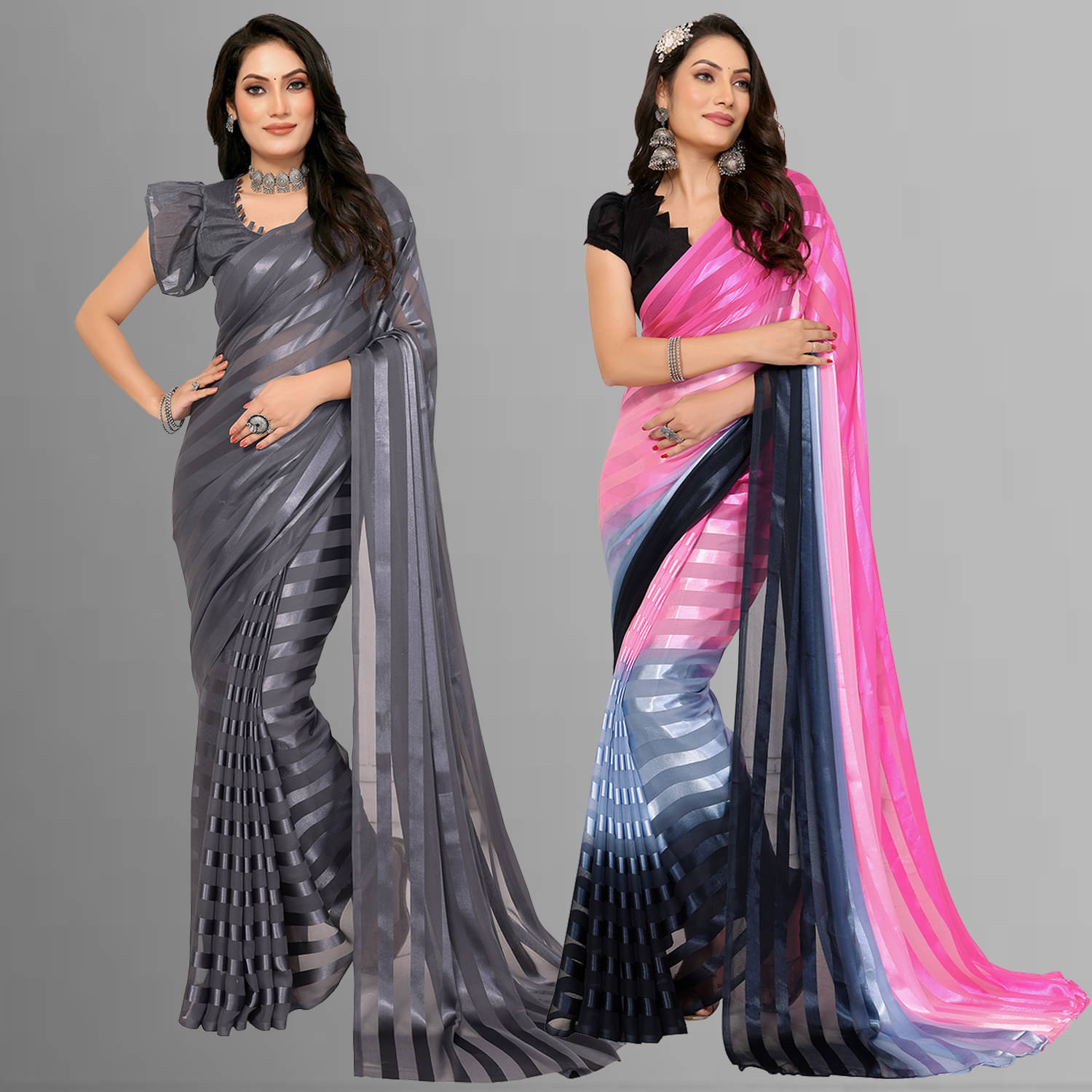     			Kashvi Sarees Satin Striped Saree With Unstitched Blouse Piece ( Multicolor )