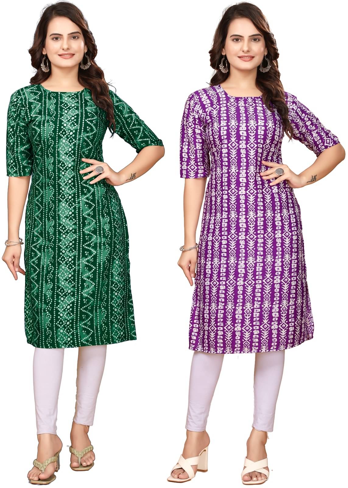 MELDI KRUPA Pack of 2 Crepe Printed Straight Women's Kurti - ( Green,Lavender )     			MELDI KRUPA Pack of 2 Crepe Printed Straight Women's Kurti - ( Green,Lavender )