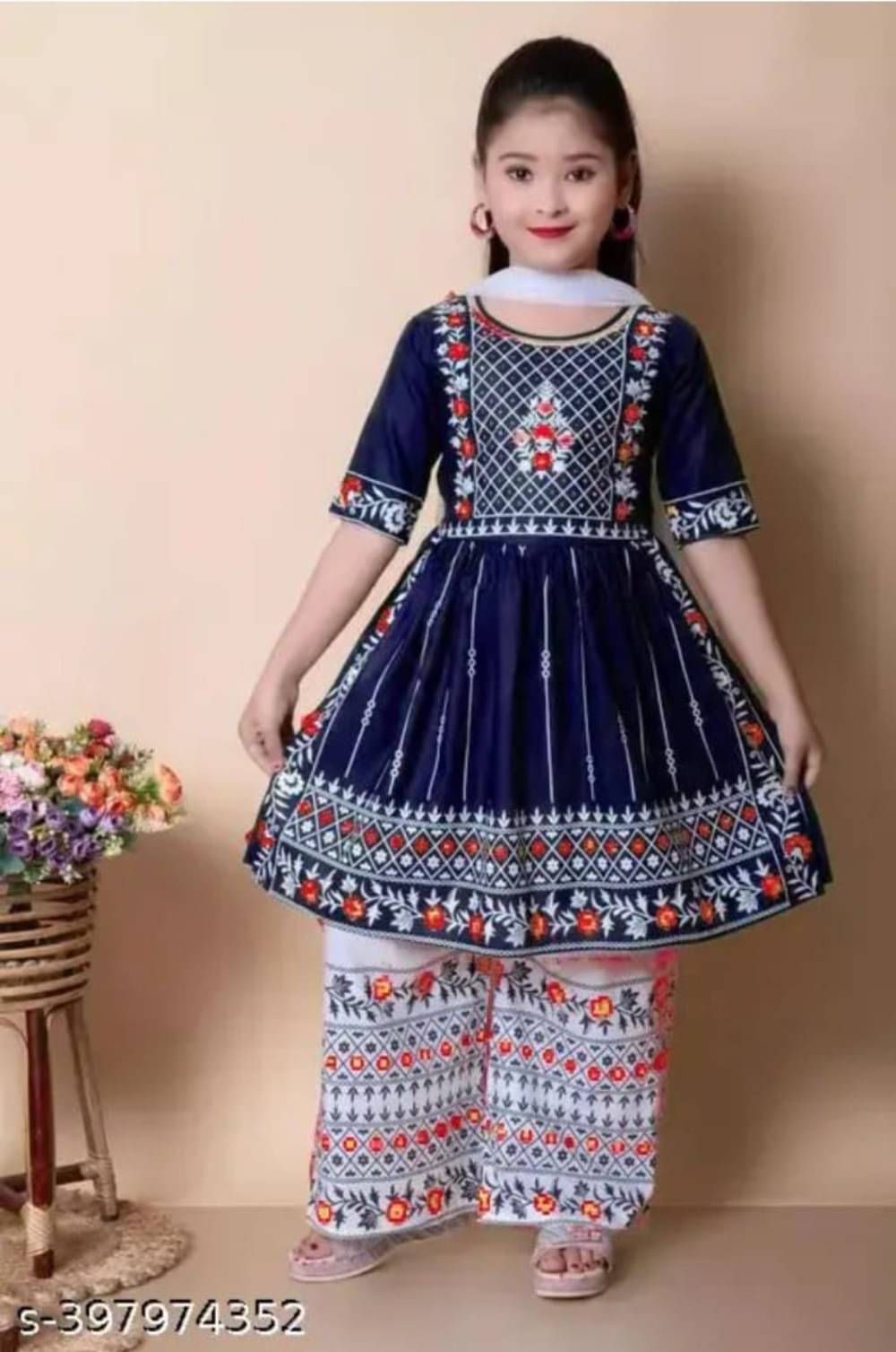     			SM glob Girls Cotton Blend Kurta and Sharara Set ( Pack of 1 , Blue )