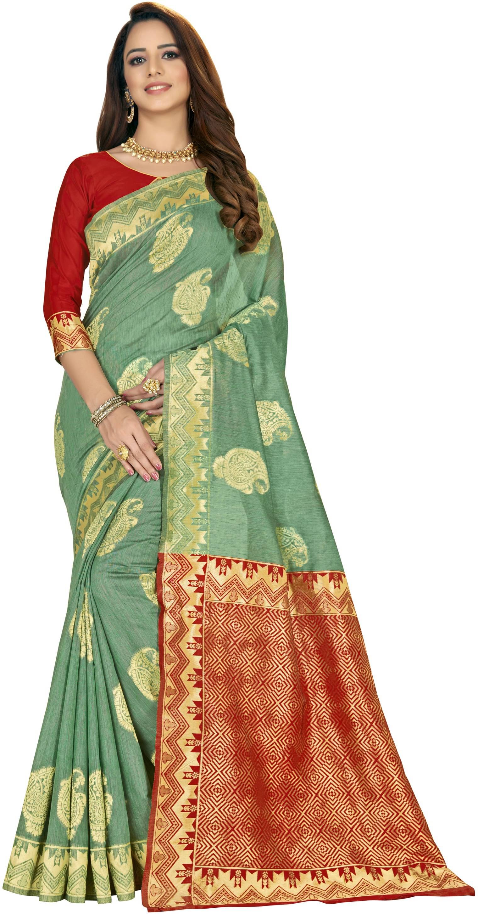     			Sariya Silk Blend Woven Saree With Unstitched Blouse Piece ( Green )