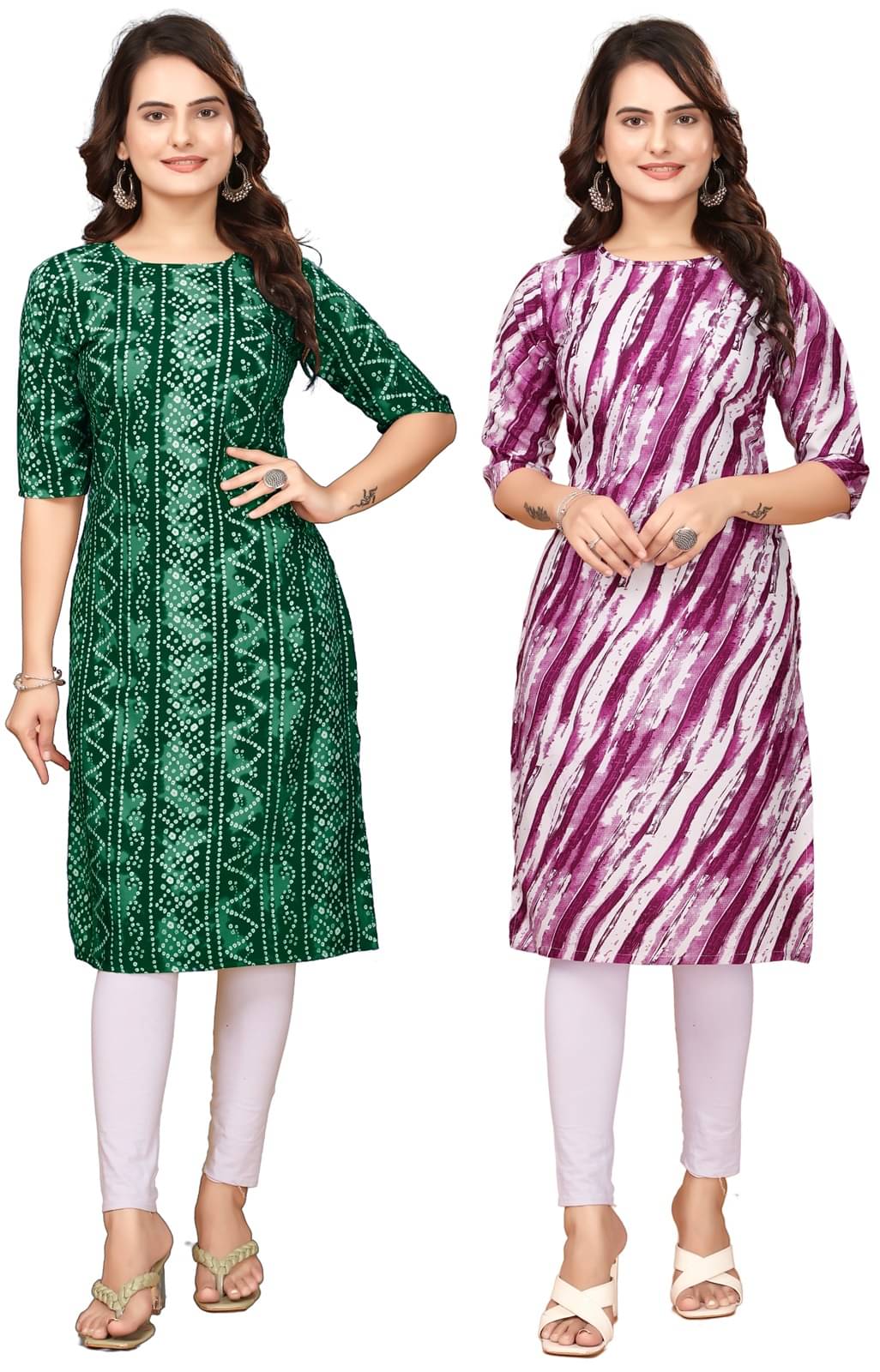 V J CORPORAT Pack of 2 Crepe Printed Straight Women's Kurti - ( Green,Purple )     			V J CORPORAT Pack of 2 Crepe Printed Straight Women's Kurti - ( Green,Purple )