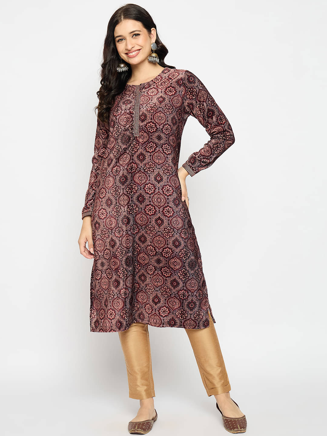     			VIAZAA Pack of 1 Acrylic Printed Straight Women's Kurti - ( Brown )