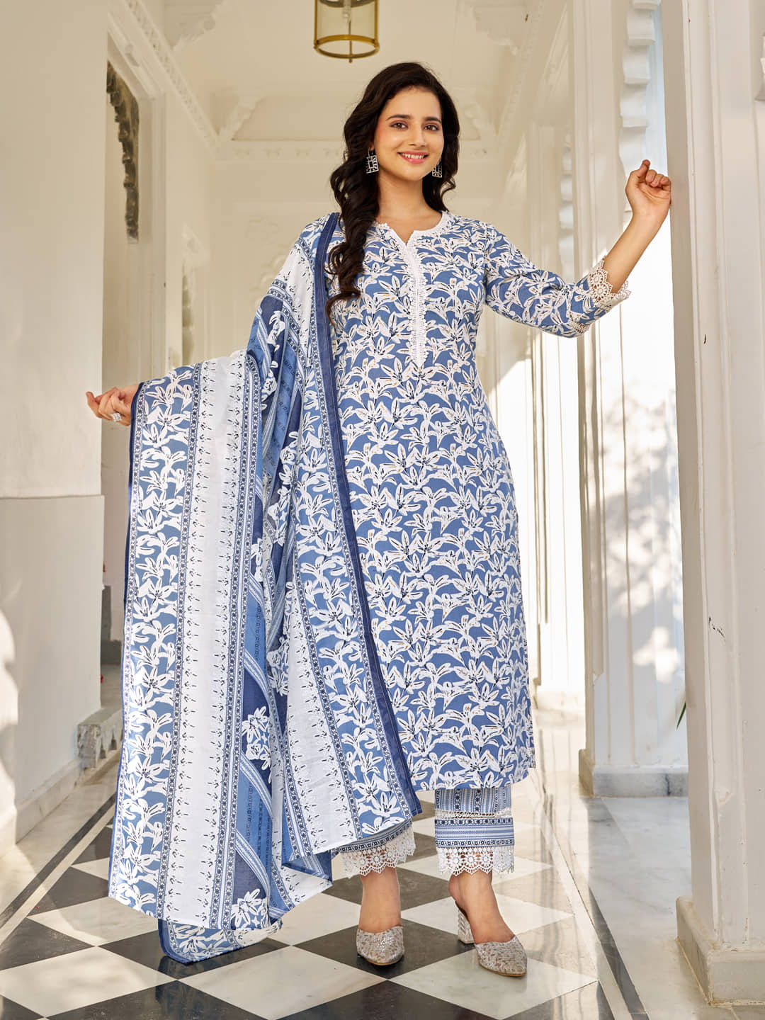 VIBE VISION Cotton Blend Printed Kurti With Pants Women's Stitched Salwar Suit - Blue ( Pack of 1 )