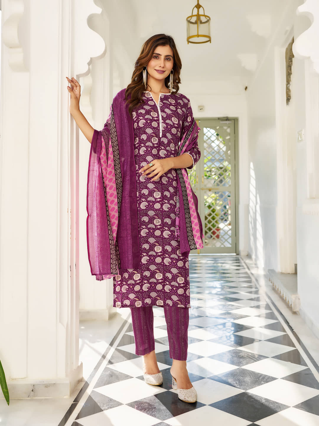 VIBE VISION Cotton Blend Printed Kurti With Pants Women's Stitched Salwar Suit - Wine ( Pack of 1 )