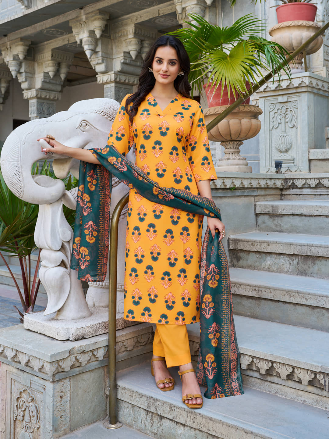 VIBE VISION Cotton Blend Printed Kurti With Pants Women's Stitched Salwar Suit - Yellow ( Pack of 1 )