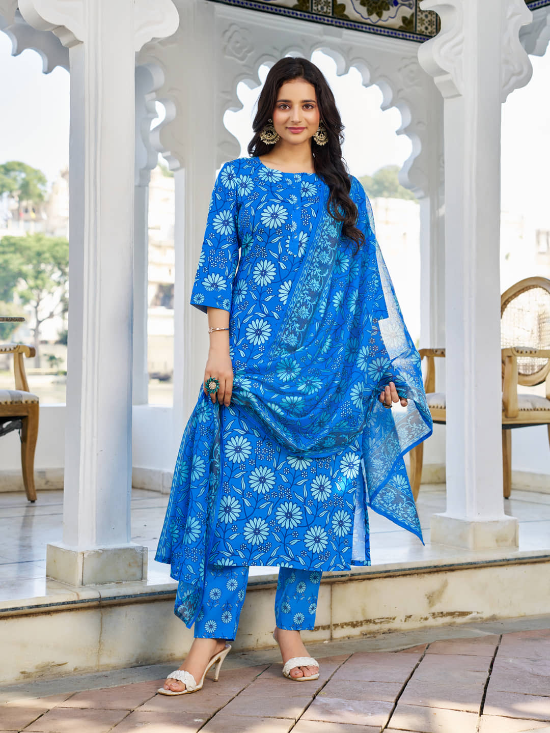 VIBE VISION Cotton Blend Printed Kurti With Pants Women's Stitched Salwar Suit - Blue ( Pack of 1 )
