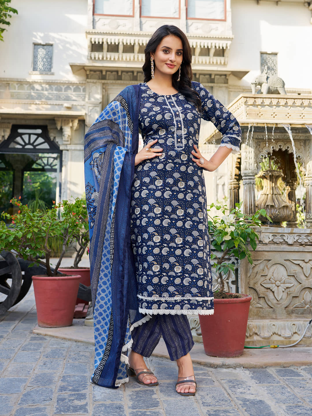 VIBE VISION Cotton Blend Printed Kurti With Pants Women's Stitched Salwar Suit - Navy ( Pack of 1 )