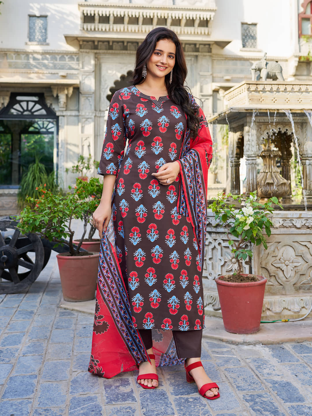 VIBE VISION Cotton Blend Printed Kurti With Pants Women's Stitched Salwar Suit - Brown ( Pack of 1 )