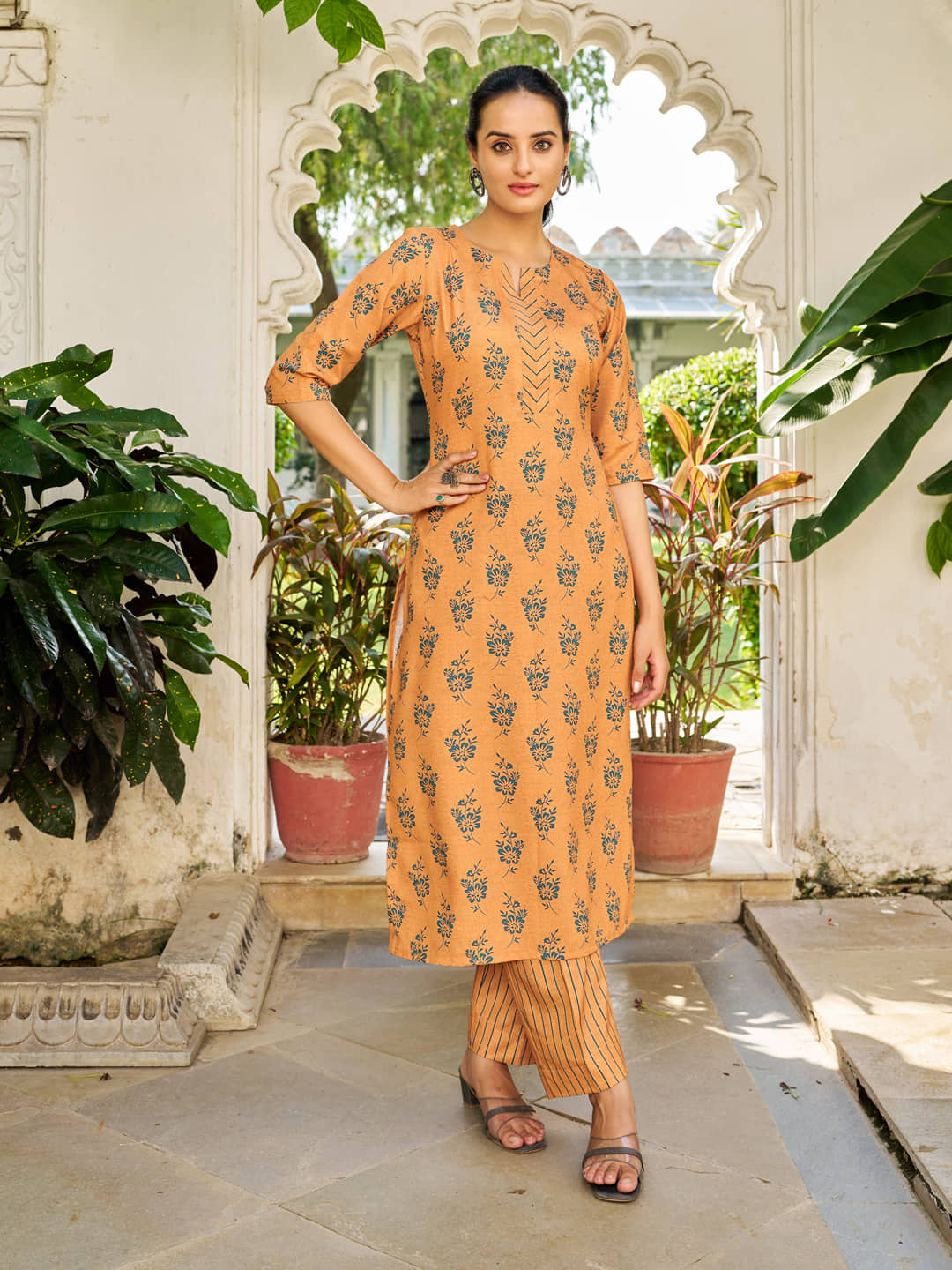 VIBE VISION Cotton Blend Printed Kurti With Pants Women's Stitched Salwar Suit - Mustard ( Pack of 1 )