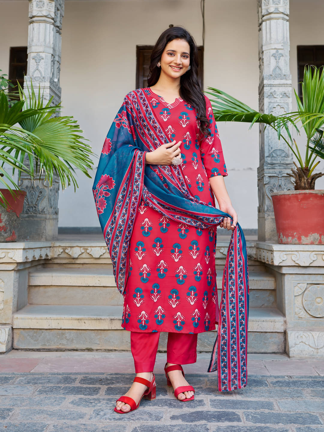     			VIBE VISION Cotton Blend Printed Kurti With Pants Women's Stitched Salwar Suit - Red ( Pack of 1 )