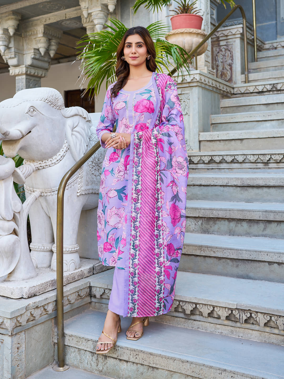 VIBE VISION Cotton Blend Printed Kurti With Pants Women's Stitched Salwar Suit - Purple ( Pack of 1 )