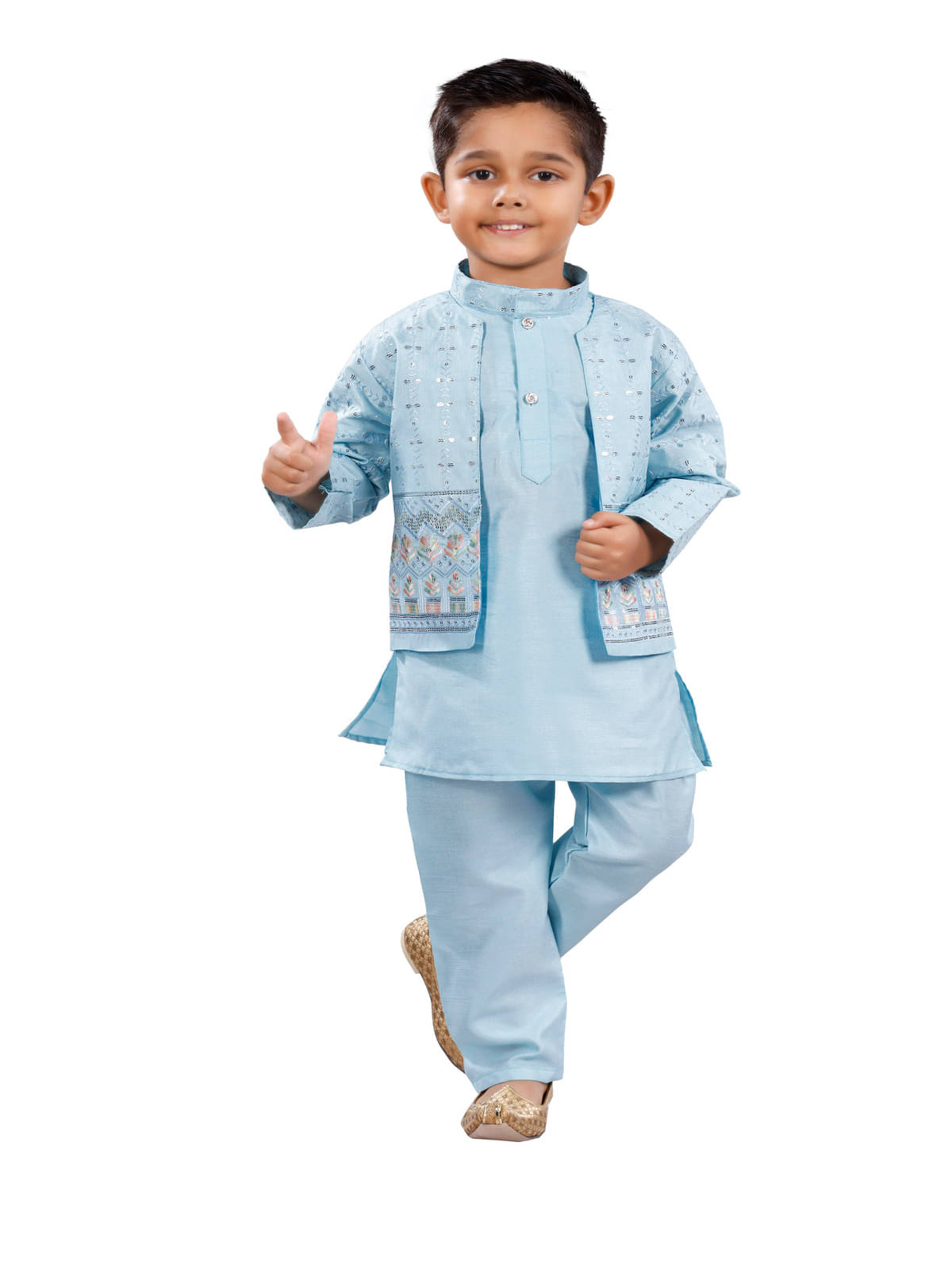 s muktar garments Boys Cotton Blend Sequined - Pattern Kurta Pant Set ( Sky Blue , Pack of 1 )     			s muktar garments Boys Cotton Blend Sequined - Pattern Kurta Pant Set ( Sky Blue , Pack of 1 )