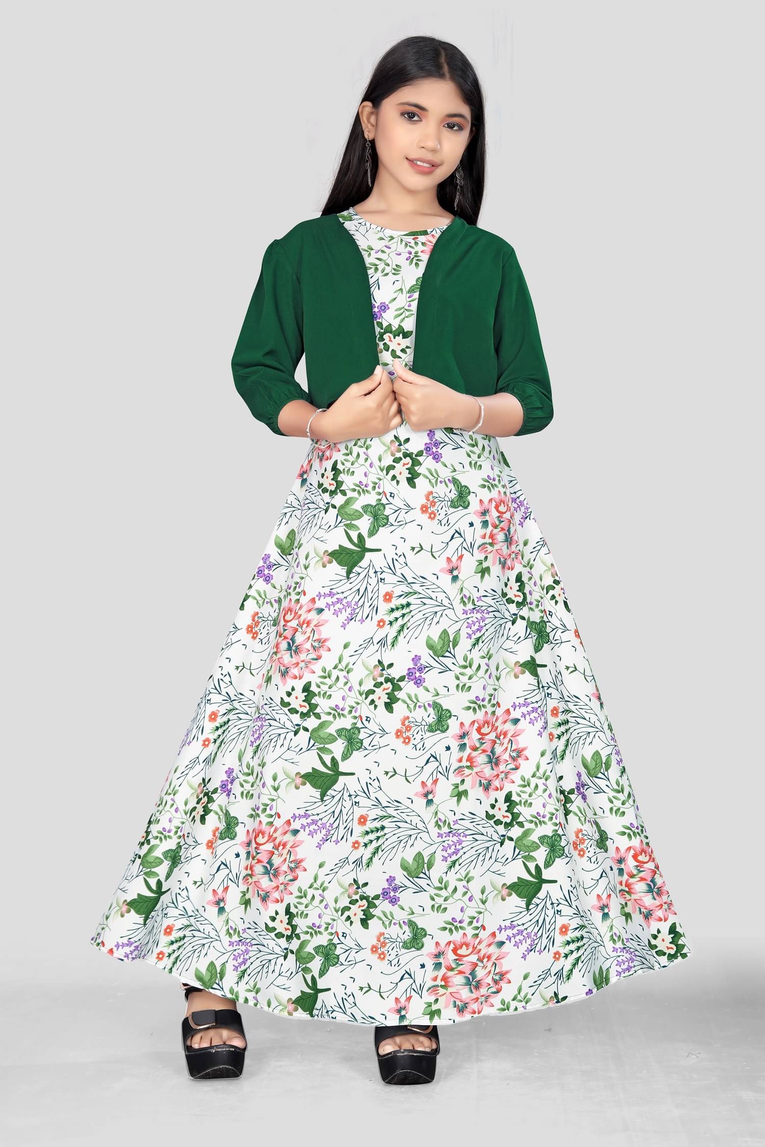     			Aarya Creation Crepe Fit And Flare Dress For Girls ( Pack of 1 , Green )