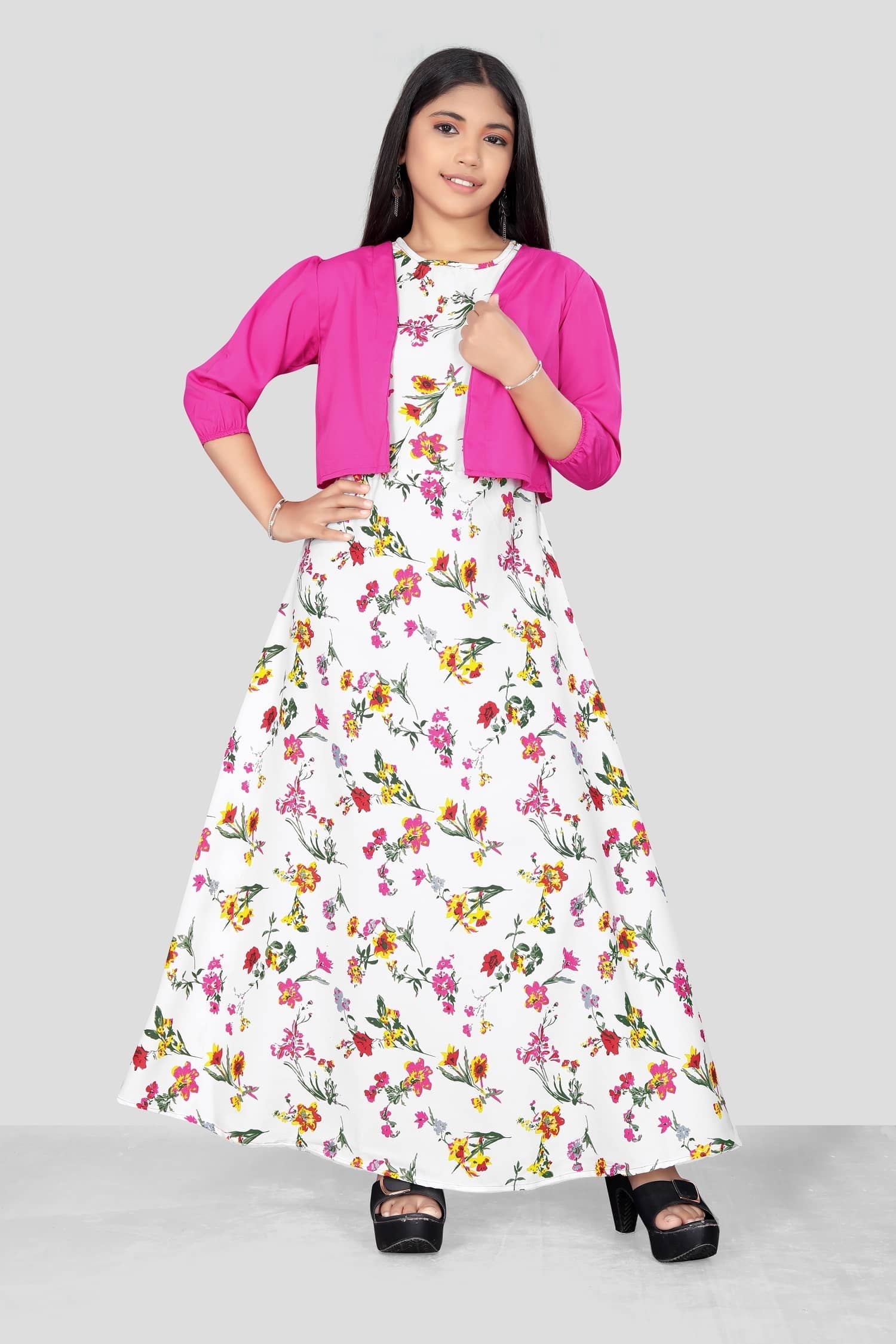 Aarya Creation Crepe Fit And Flare Dress For Girls ( Pack of 1 , Green )