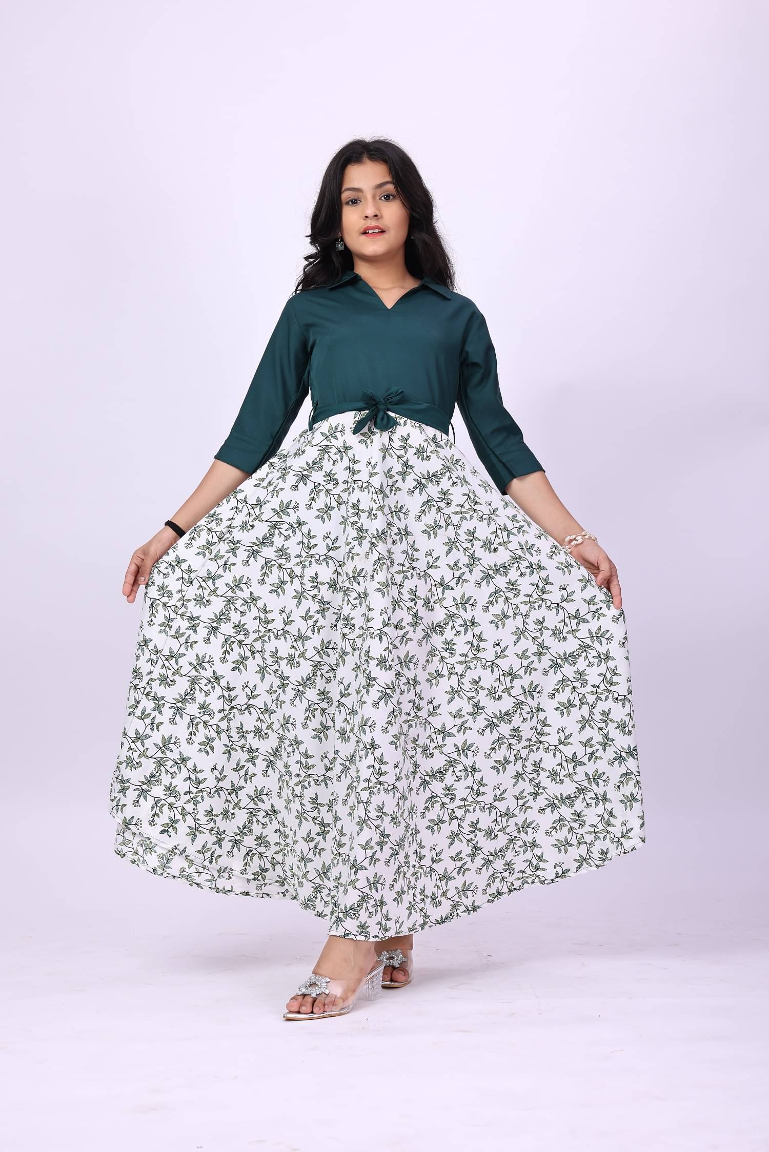 Aarya Creation Crepe Fit And Flare Dress For Girls ( Pack of 1 , Green ) Aarya Creation Crepe Fit And Flare Dress For Girls ( Pack of 1 , Green )