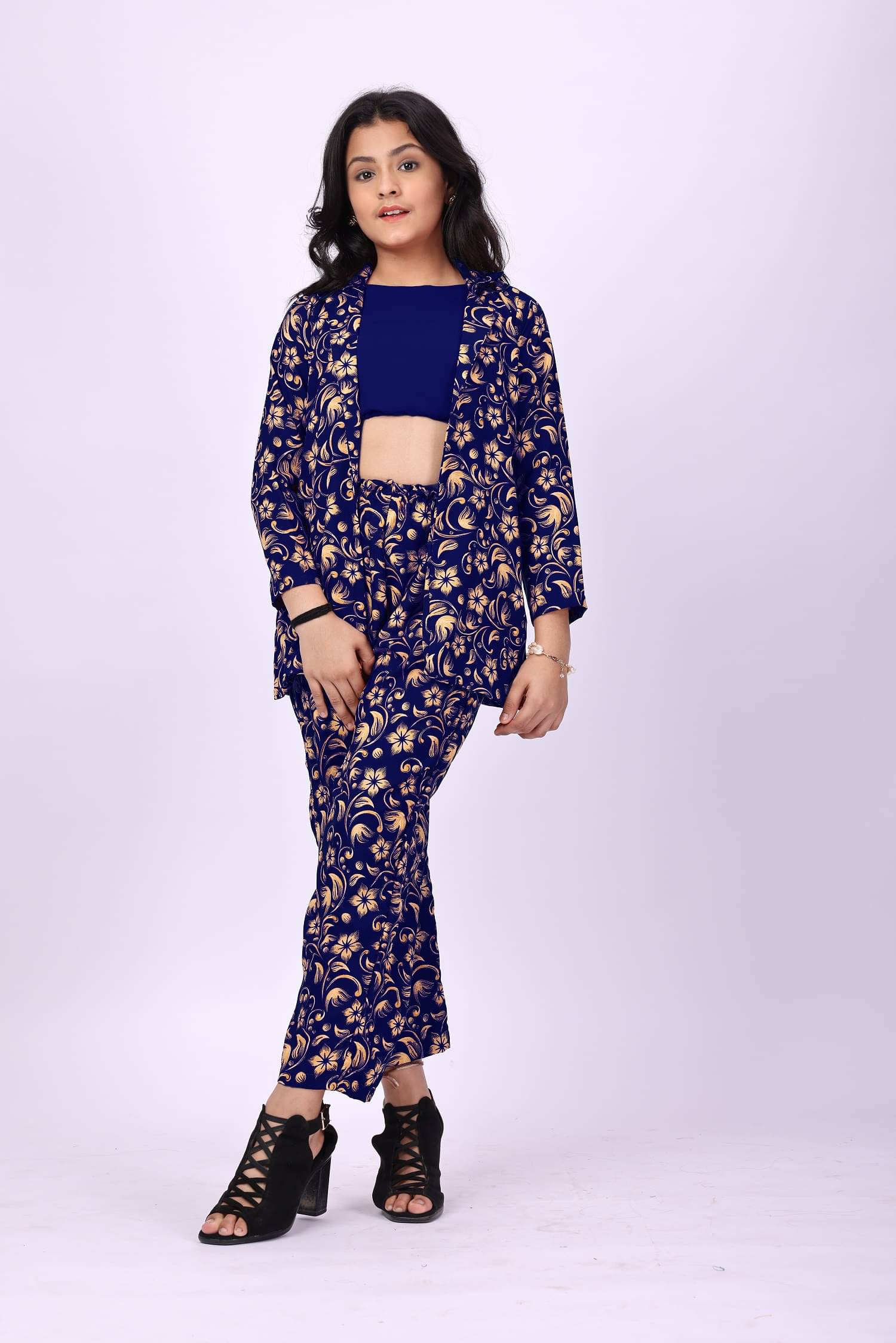 Aarya Creation Pack of 1 Girls Crepe Top With Jacket With Pants ( Blue ) Aarya Creation Pack of 1 Girls Crepe Top With Jacket With Pants ( Blue )