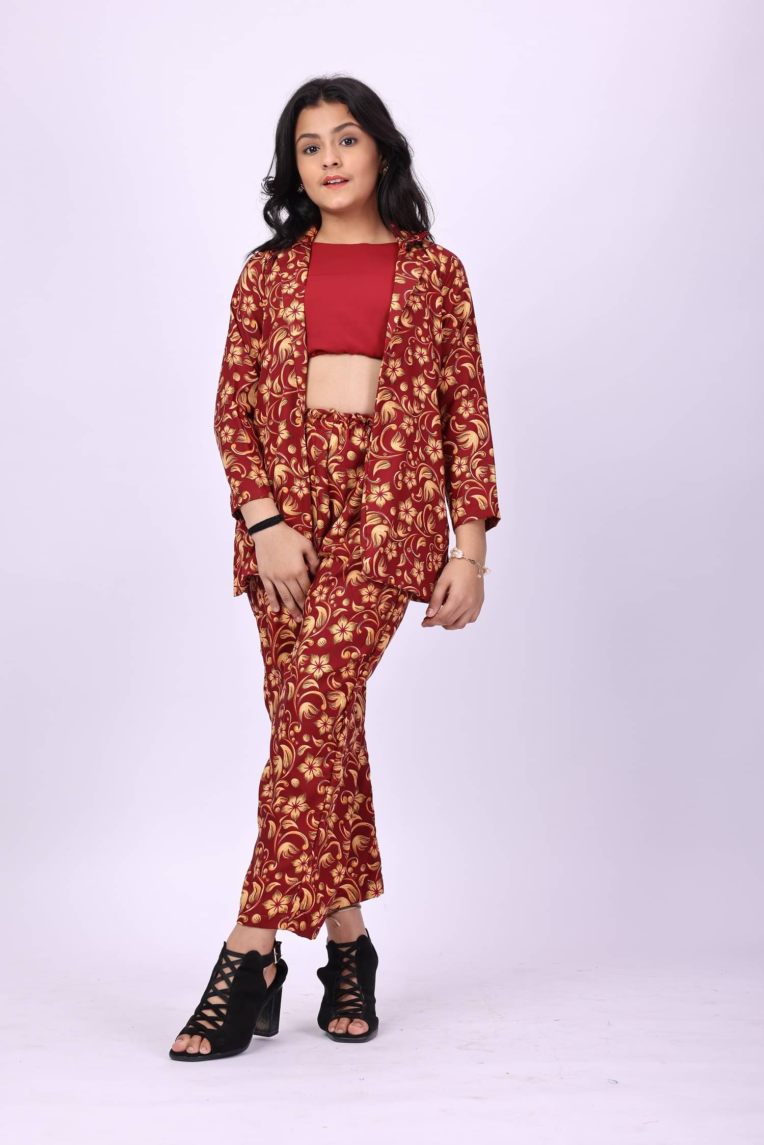 Aarya Creation Pack of 1 Girls Crepe Top With Jacket With Pants ( Red ) Aarya Creation Pack of 1 Girls Crepe Top With Jacket With Pants ( Red )