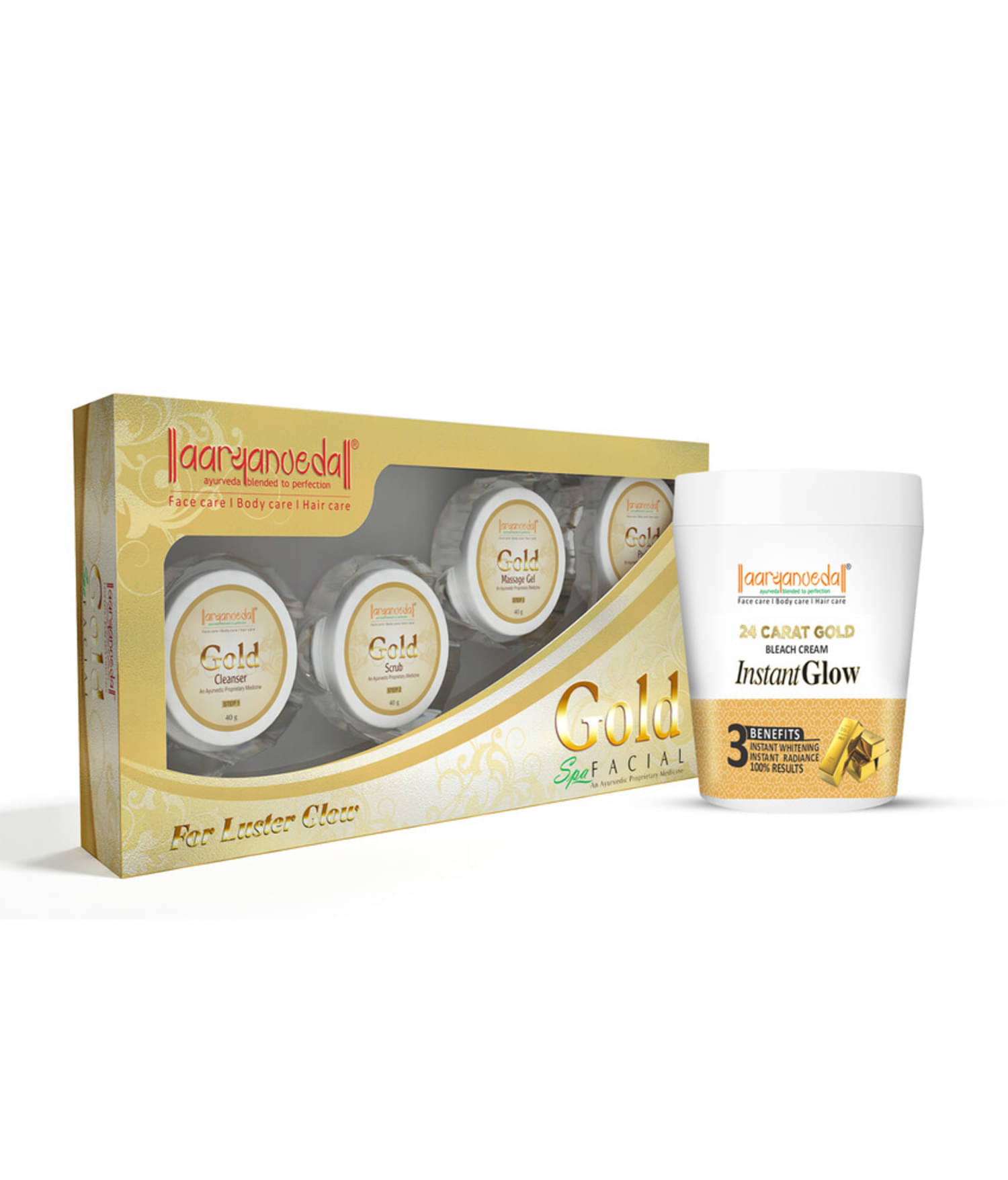 Aaryanveda Gold Facial Kit (210g) & Gold Bleach Cream (250g), Brightening & Anti-Aging Combo Aaryanveda Gold Facial Kit (210g) & Gold Bleach Cream (250g), Brightening & Anti-Aging Combo