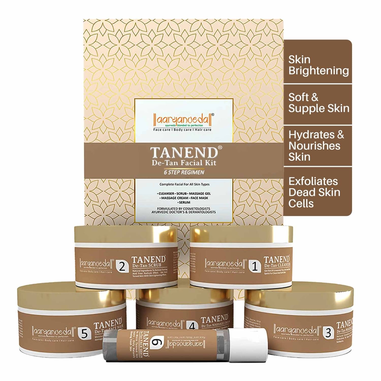 Aaryanveda De-Tan Facial Kit , Premium Tan Removal 6-Step Regimen for Clear, Bright Skin, 260 gm,Pack of 1 Aaryanveda De-Tan Facial Kit , Premium Tan Removal 6-Step Regimen for Clear, Bright Skin, 260 gm,Pack of 1