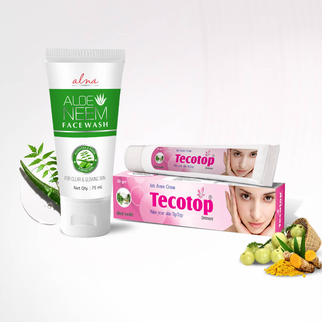     			Alna Aloe Neem Face Wash 75ml with Tecotop Anti Scars Cream 30gm , Pack of 2