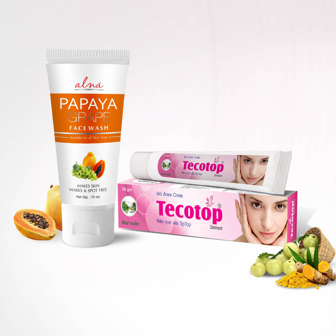     			Alna Papaya Grape Face Wash 75ml with Tecotop Anti Scars Cream 30gm , Pack of 2