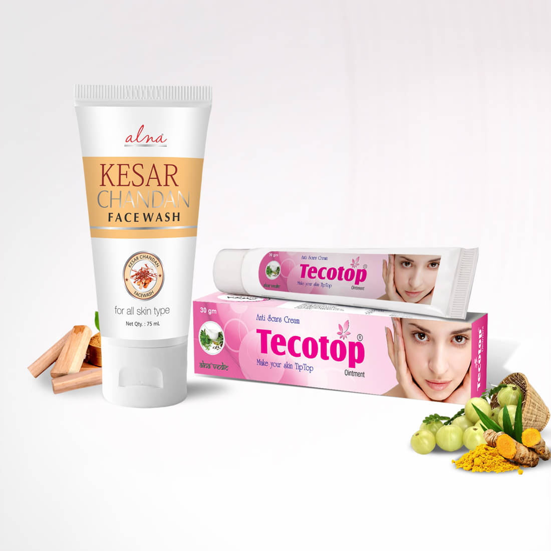     			Alna Kesar Chandan Face Wash 75ml with Tecotop Anti Scars Cream 30gm For All Skin Type , Pack of 2