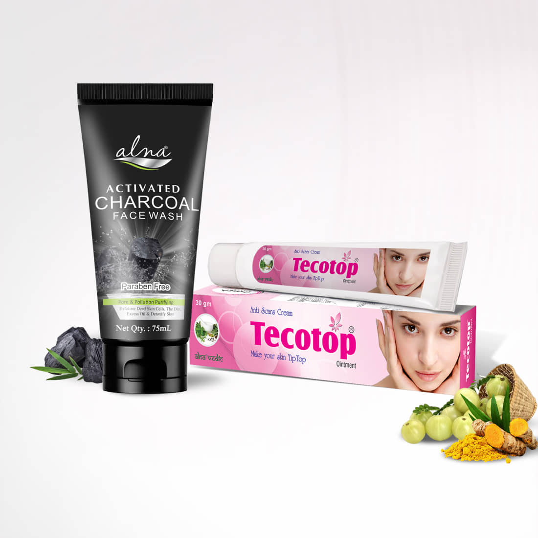 Alna Charcoal Face Wash 75ml with Tecotop Anti Scars Cream 30gm , Pack of 2