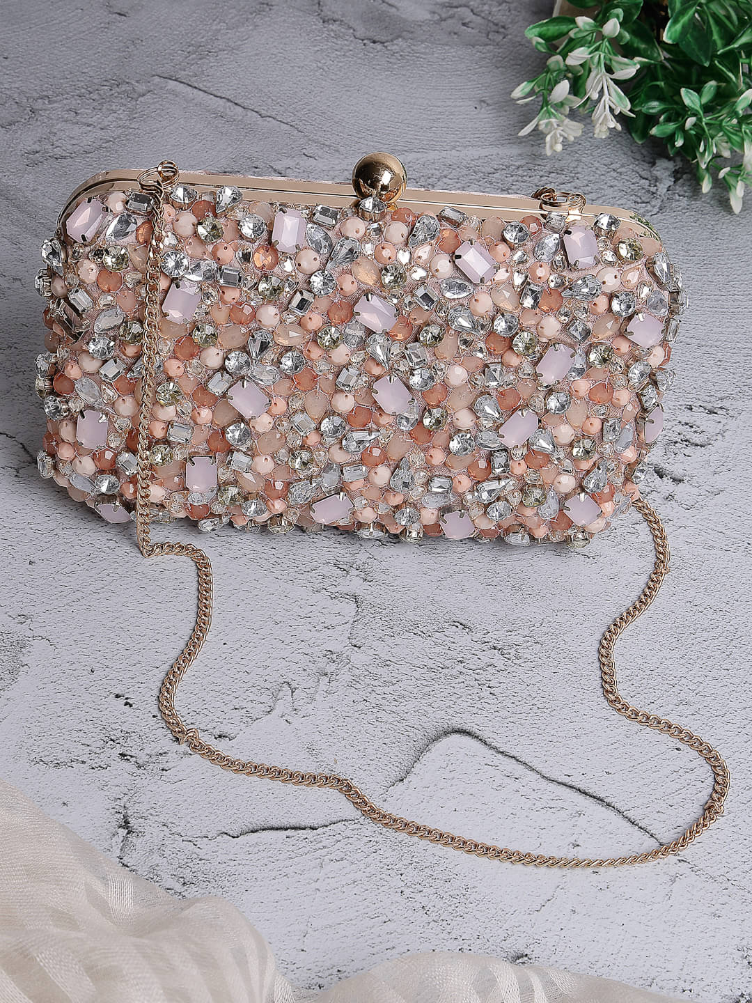     			Anekaant Peach Satin Box Clutch