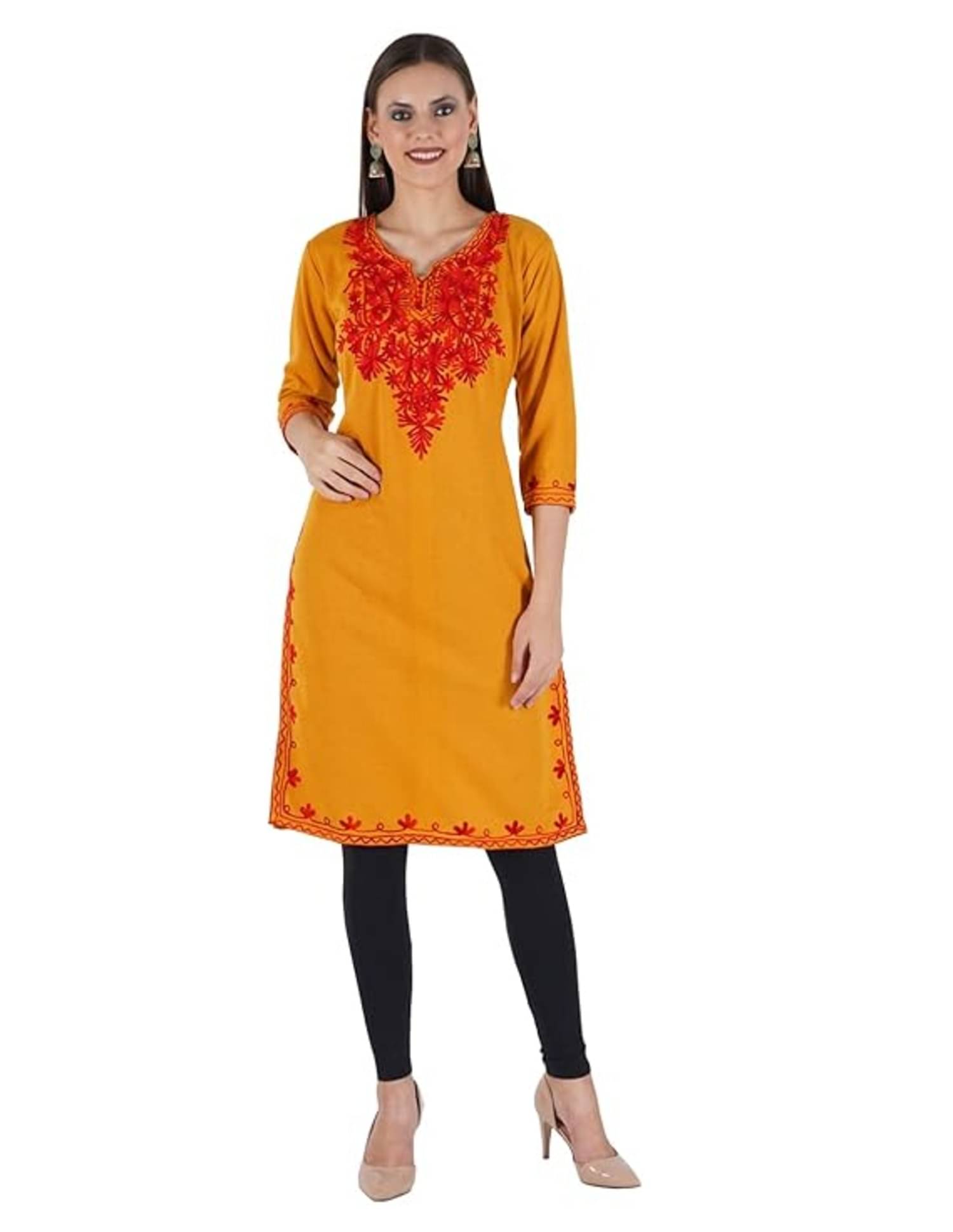 Aura Glam Woollen Embroidered Straight Women's Kurti - Multicolor7 ( Pack of 1 )     			Aura Glam Woollen Embroidered Straight Women's Kurti - Multicolor7 ( Pack of 1 )