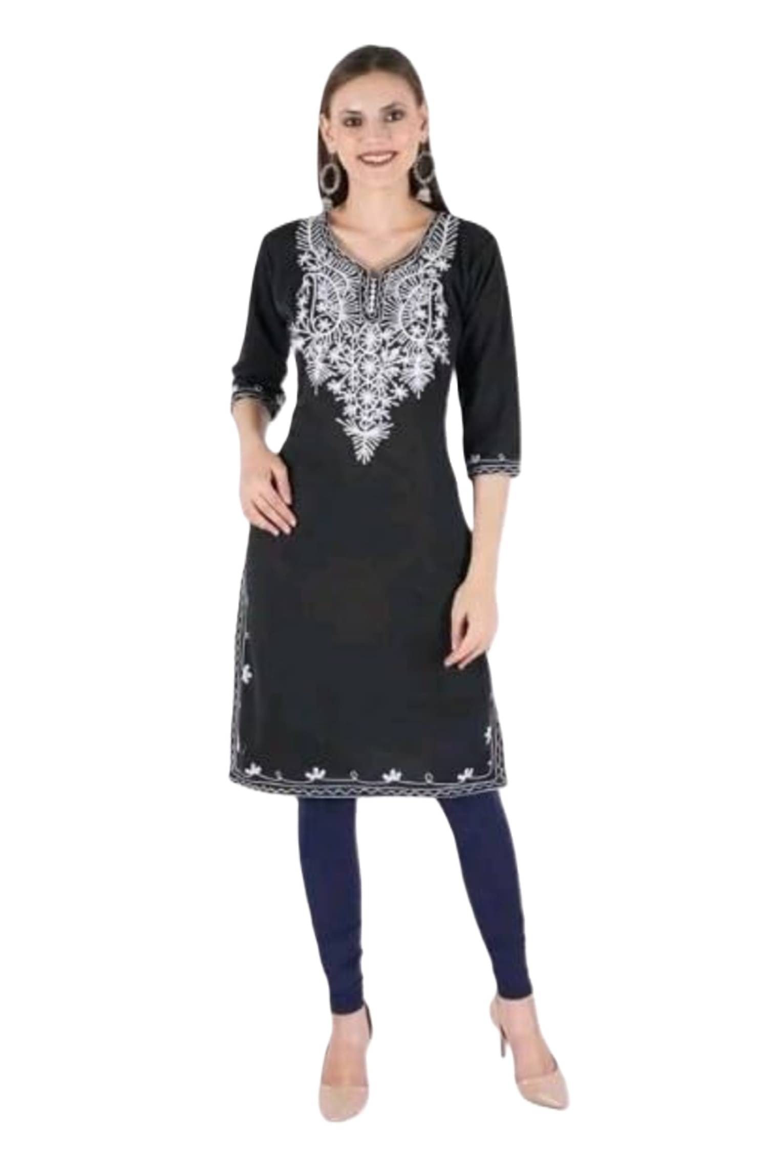 Aura Glam Woollen Embroidered Straight Women's Kurti - Multicolor5 ( Pack of 1 )     			Aura Glam Woollen Embroidered Straight Women's Kurti - Multicolor5 ( Pack of 1 )