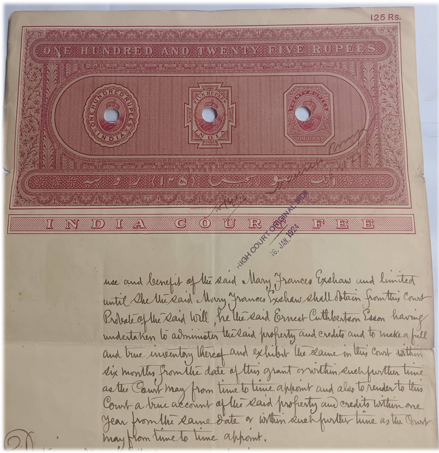     			BRITISH INDIA - R125 - KING GEORGE V ( KG V ) ( 1911 - 1936) - BOND PAPER - HIGH VALUE REVENUE COURT FEE - old vintage collectible