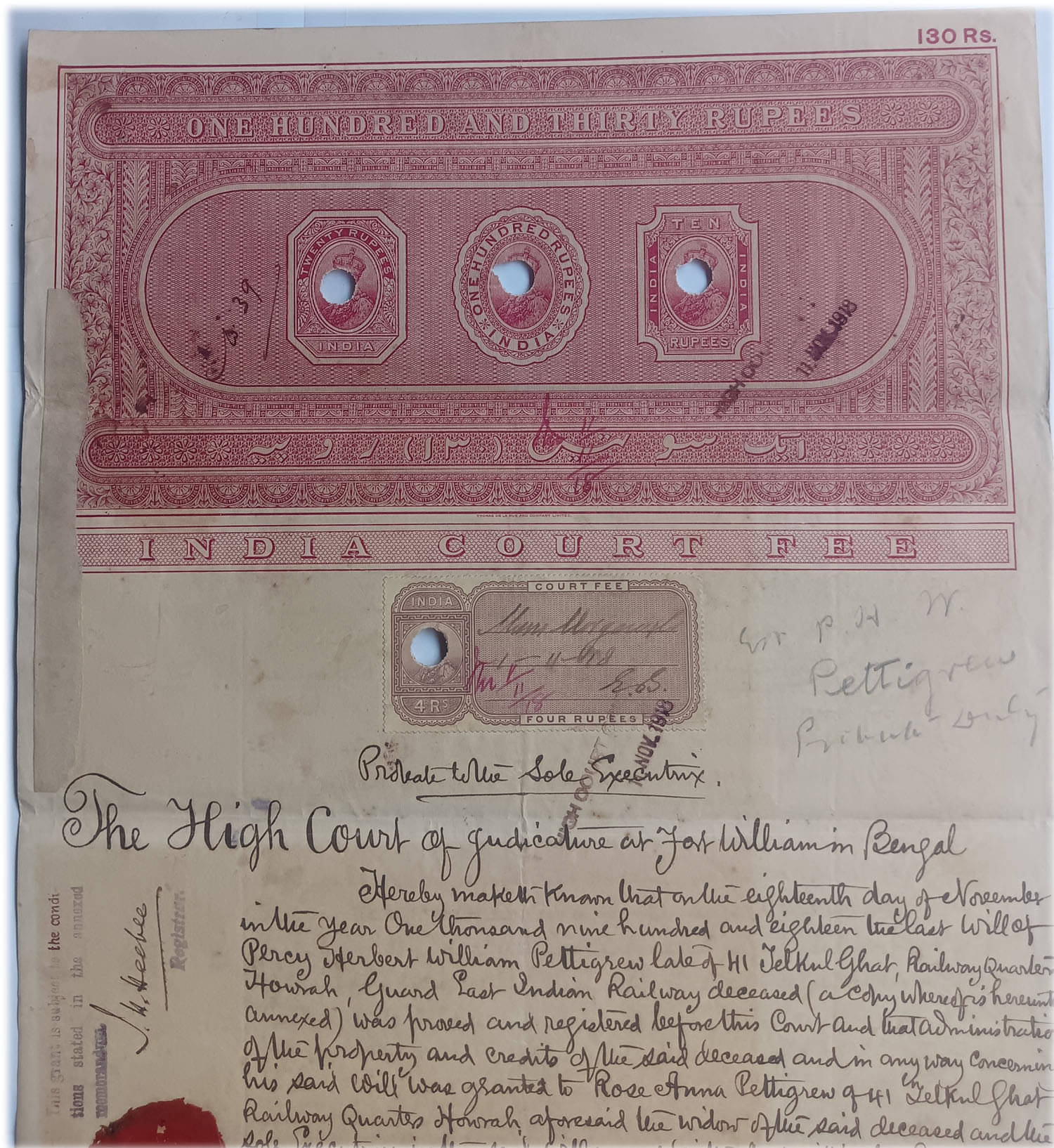     			BRITISH INDIA - R130 - KING GEORGE V ( KG V ) ( 1911 - 1936) - BOND PAPER - HIGH VALUE REVENUE COURT FEE - old vintage collectible