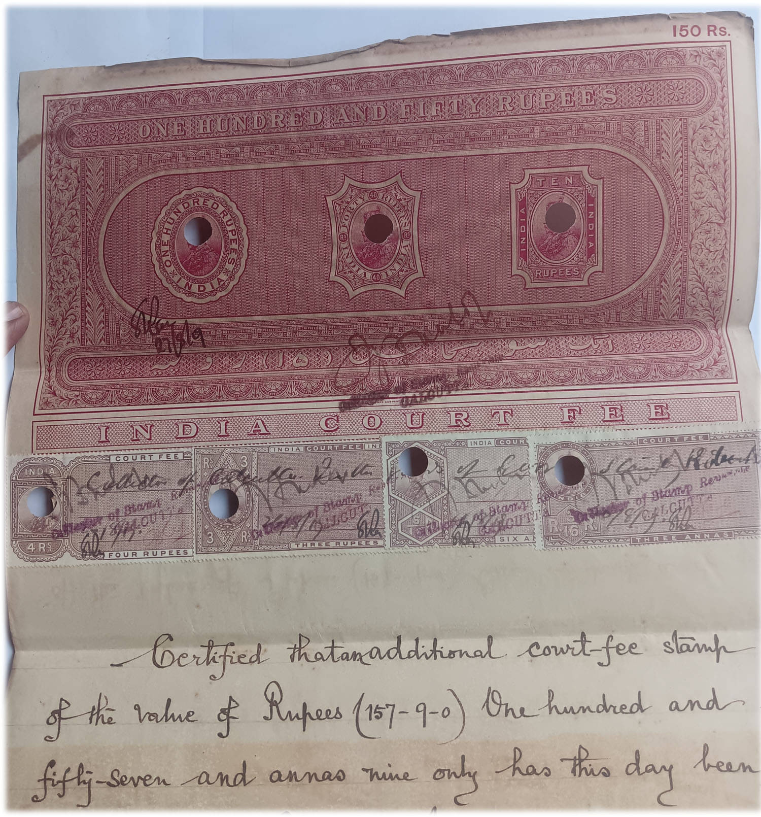     			BRITISH INDIA - R150 - KING GEORGE V ( KG V ) ( 1911 - 1936) - BOND PAPER - HIGH VALUE REVENUE COURT FEE - old vintage collectible