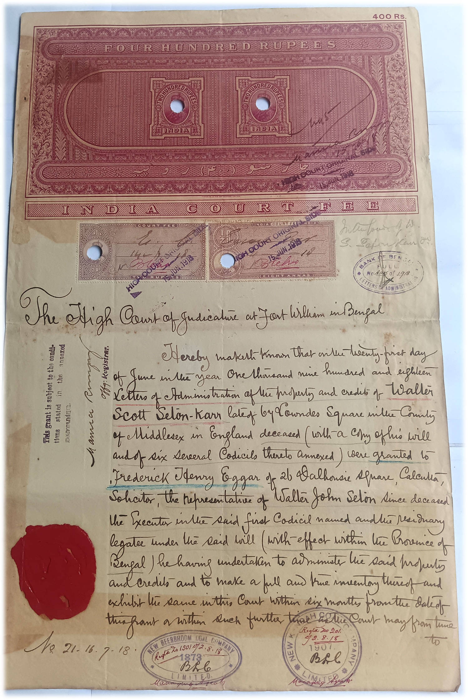     			BRITISH INDIA - R400 - KING GEORGE V ( KG V ) ( 1911 - 1936) - BOND PAPER - HIGH VALUE REVENUE COURT FEE - old vintage collectible