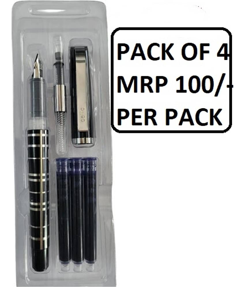 Cello Royal Stylish Metal Clip Fountain Pen With Jumbo Cartridges Free Ink Converter (Pack of 4)