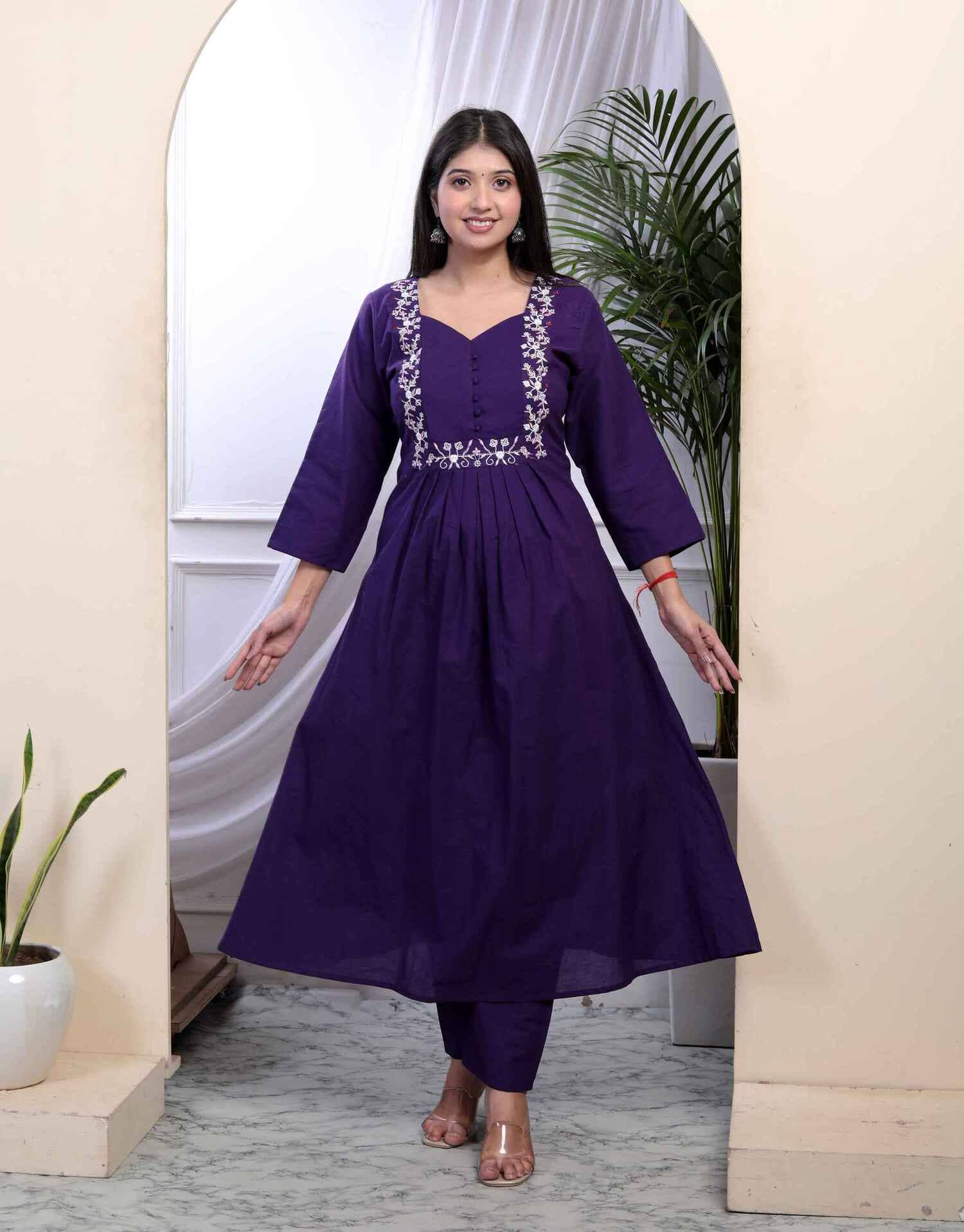 Doriyaan Cotton Embroidered Kurti With Palazzo Women's Stitched Salwar Suit - Purple ( Pack of 1 )
