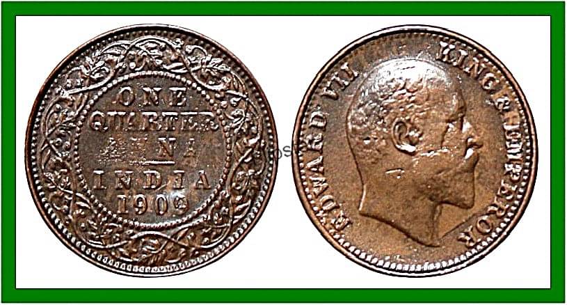     			Extremely Rare 1 Quarter Anna 1909 Edward VII, British India old Coin For Collection