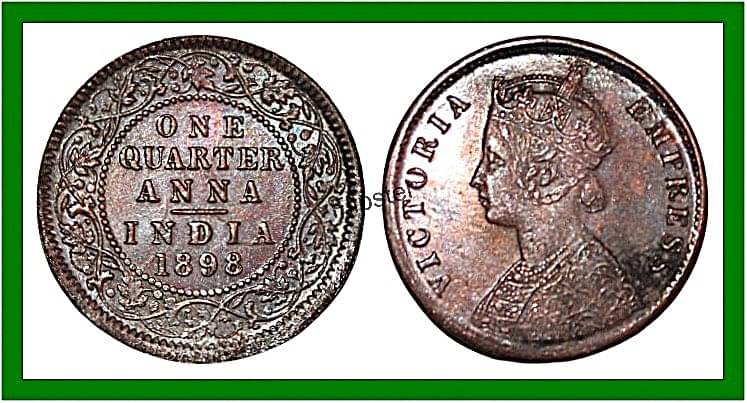 Extremely Rare 1 Quarter Anna 1898 Victoria, British India old Coin For Collection     			Extremely Rare 1 Quarter Anna 1898 Victoria, British India old Coin For Collection