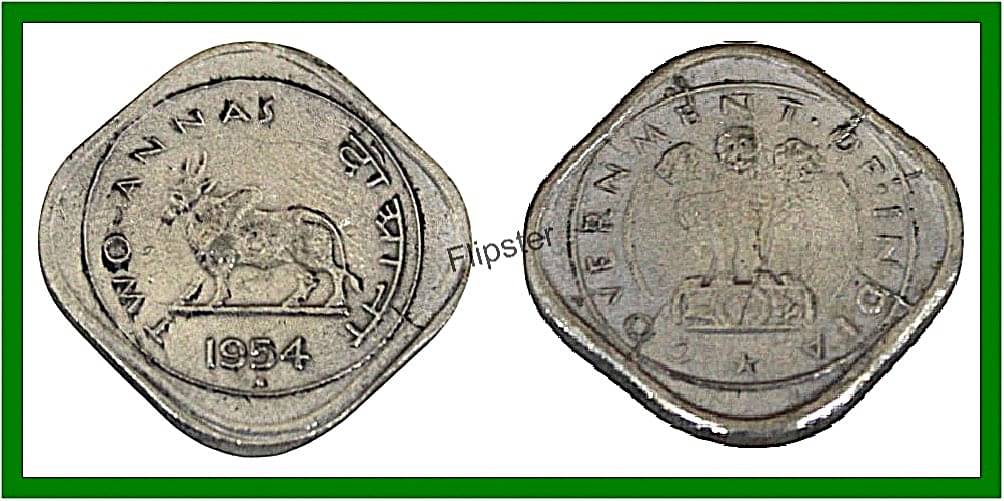     			Extremely Rare 2 Annas 1954 Bull, India old Coin For Collection