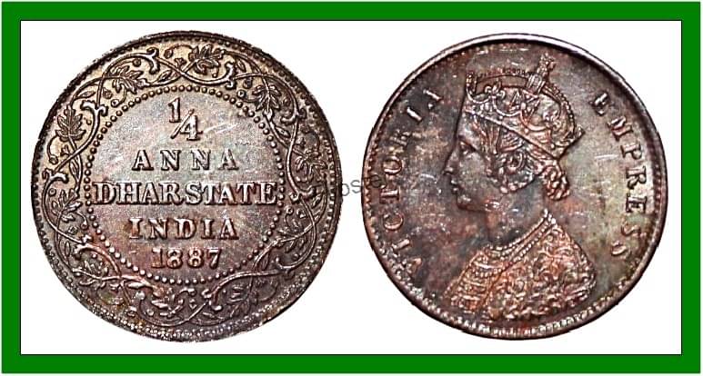 Extremely Rare (Dhar State) 1 Quarter Anna 1887 Victoria, British India old Coin For Collection Extremely Rare (Dhar State) 1 Quarter Anna 1887 Victoria, British India old Coin For Collection