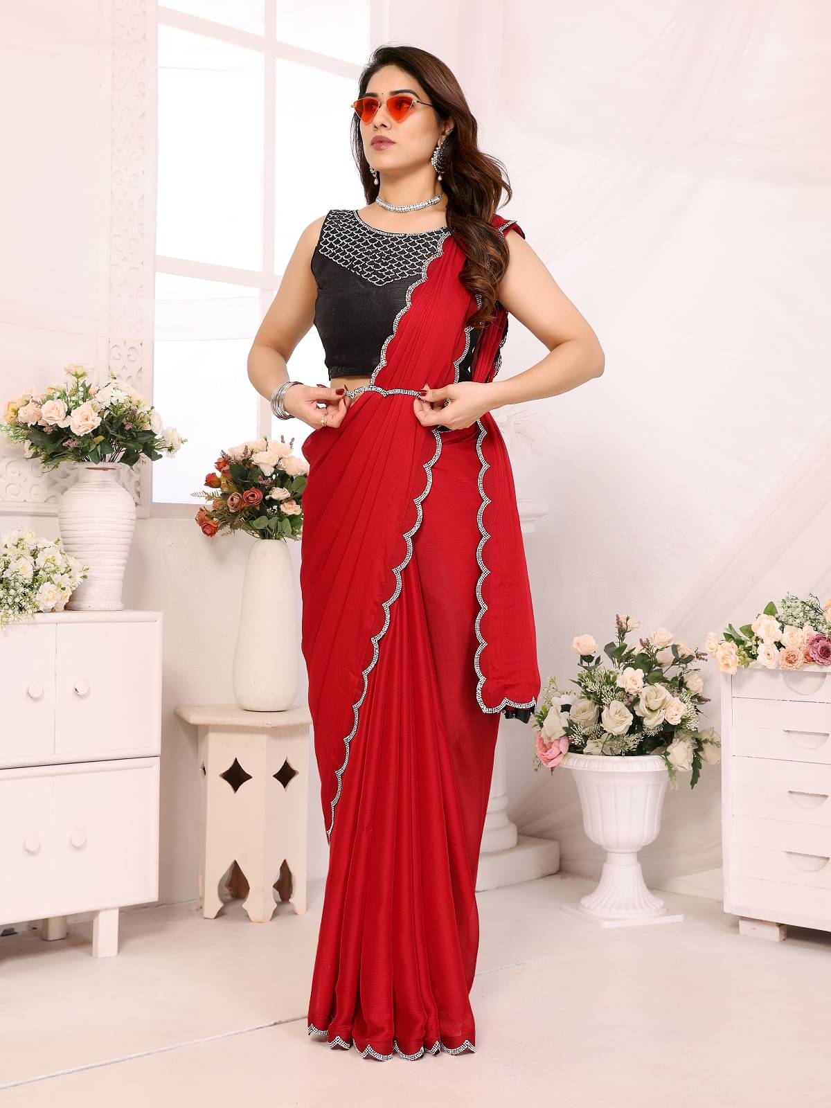     			Gazal Fashions Chiffon Embellished Saree With Unstitched Blouse Piece ( Red )