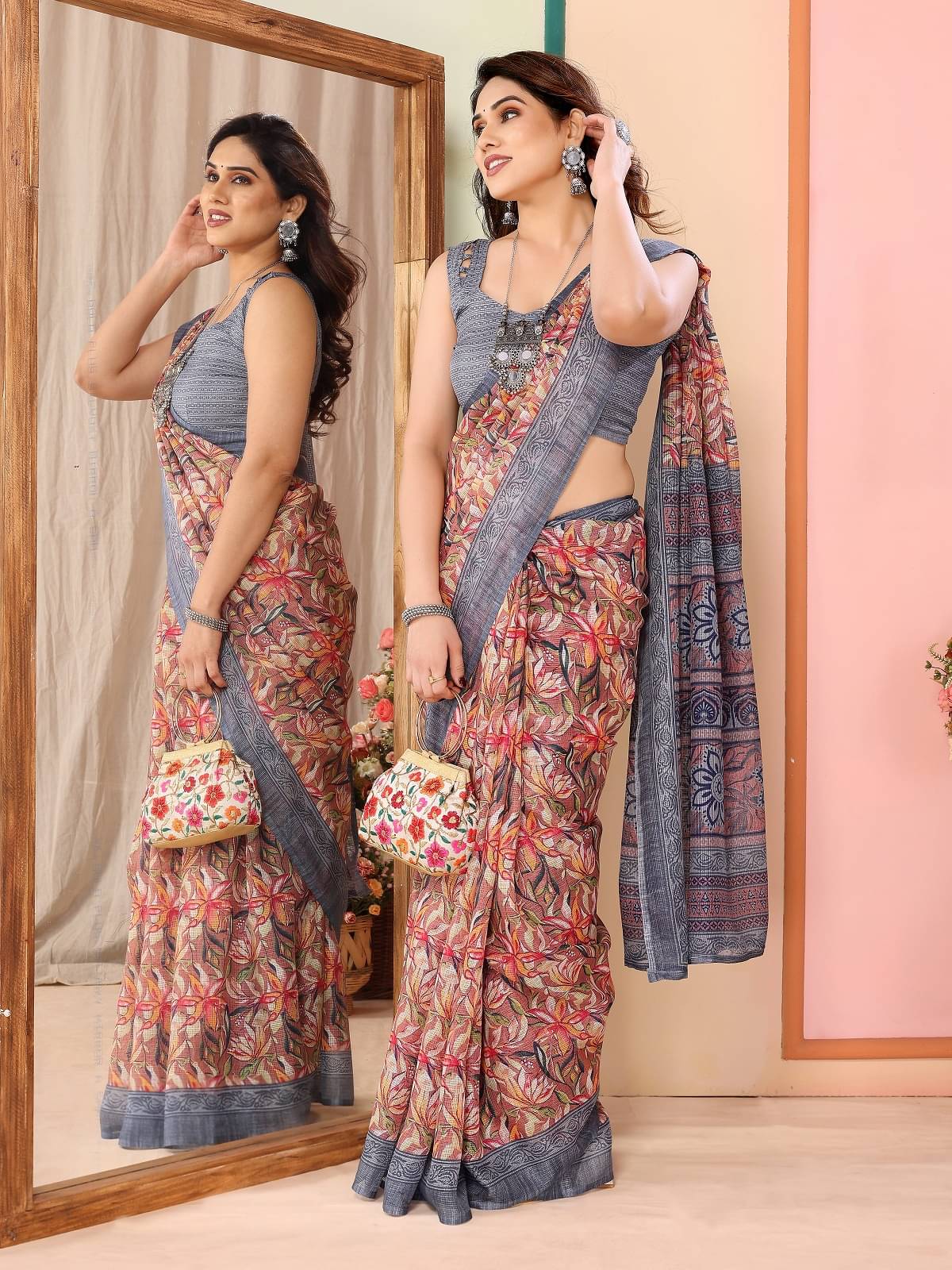     			Gazal Fashions Linen Printed Saree With Unstitched Blouse Piece ( Grey )
