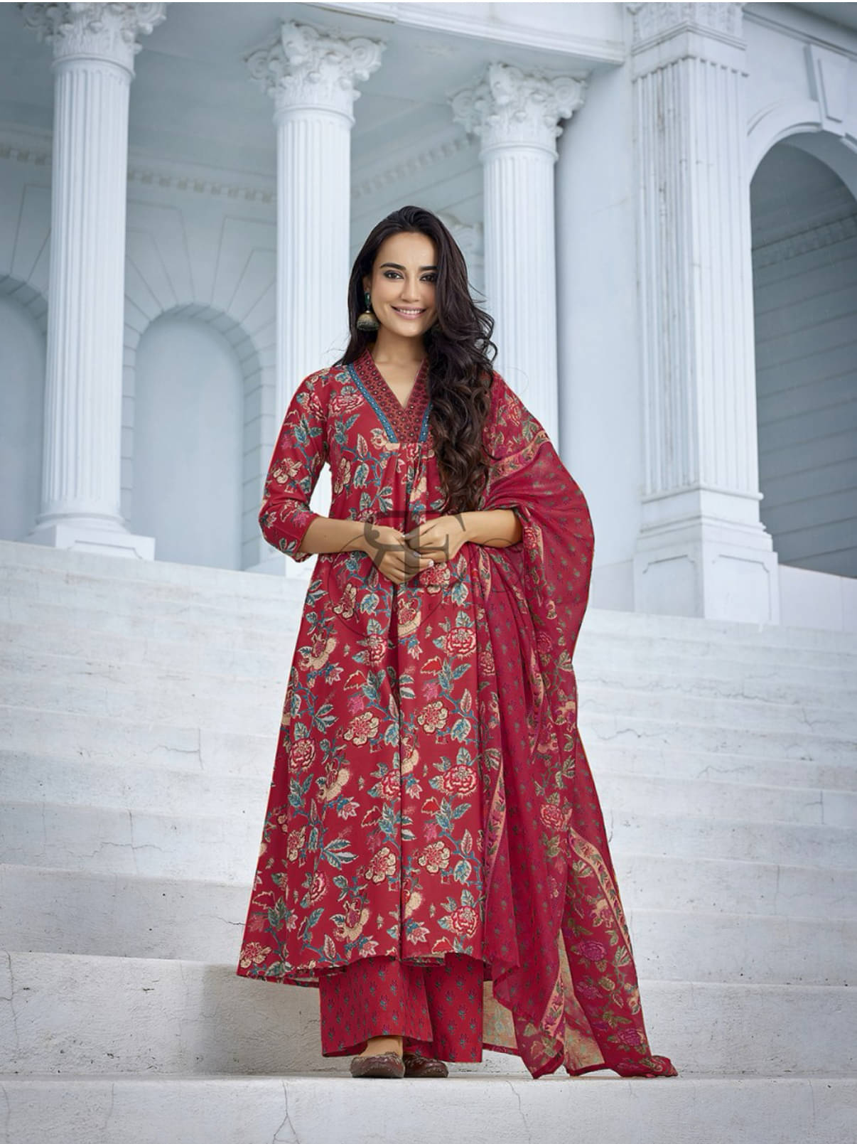     			Heavenly Attire Cotton Printed Kurti With Palazzo Women's Stitched Salwar Suit - Red ( Pack of 1 )
