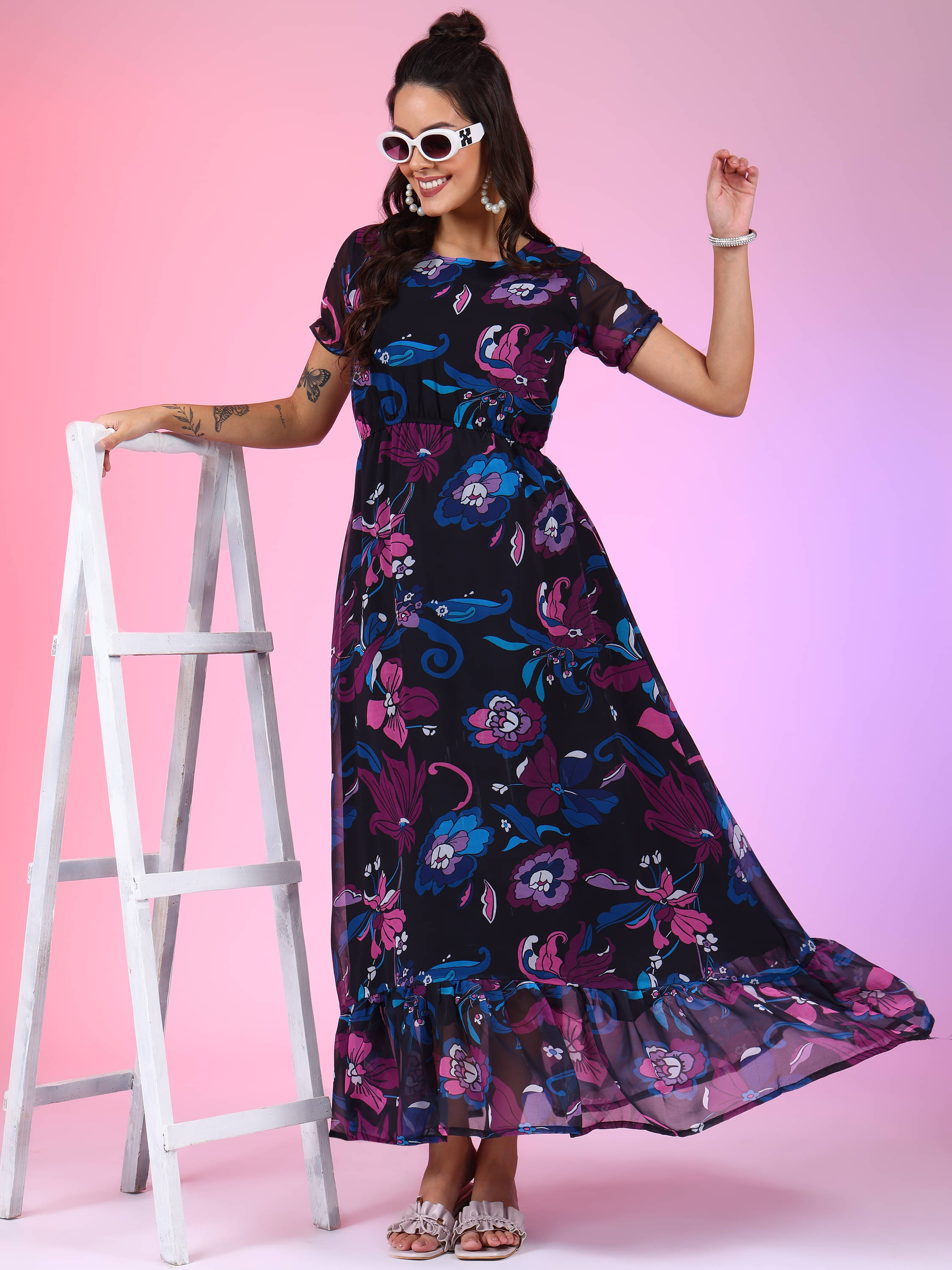     			JASH CREATION Women Georgette Printed Fit & Flare Dress ( Multi Color )