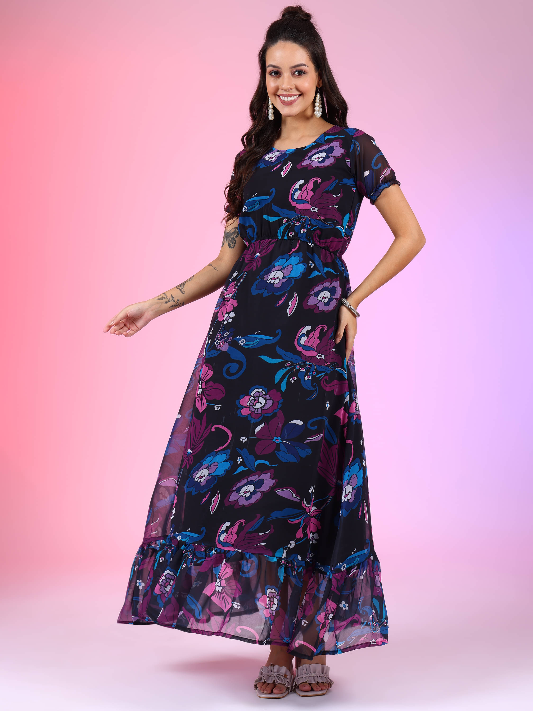     			JASH CREATION Women Georgette Solid Fit & Flare Dress ( Multi Color )