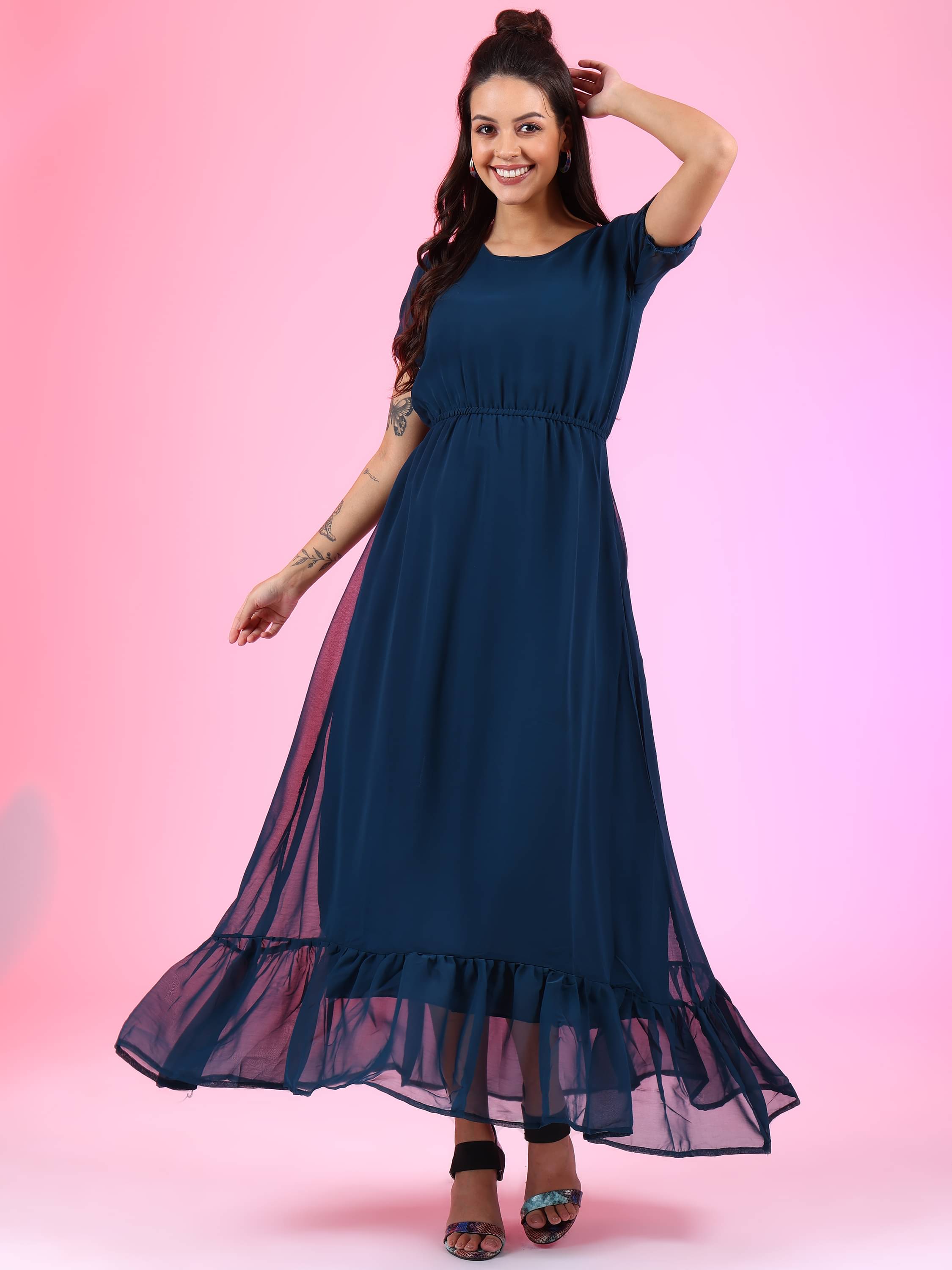     			JASH CREATION Georgette Solid Ankle Length Women's Fit & Flare Dress - Blue ( Pack of 1 )