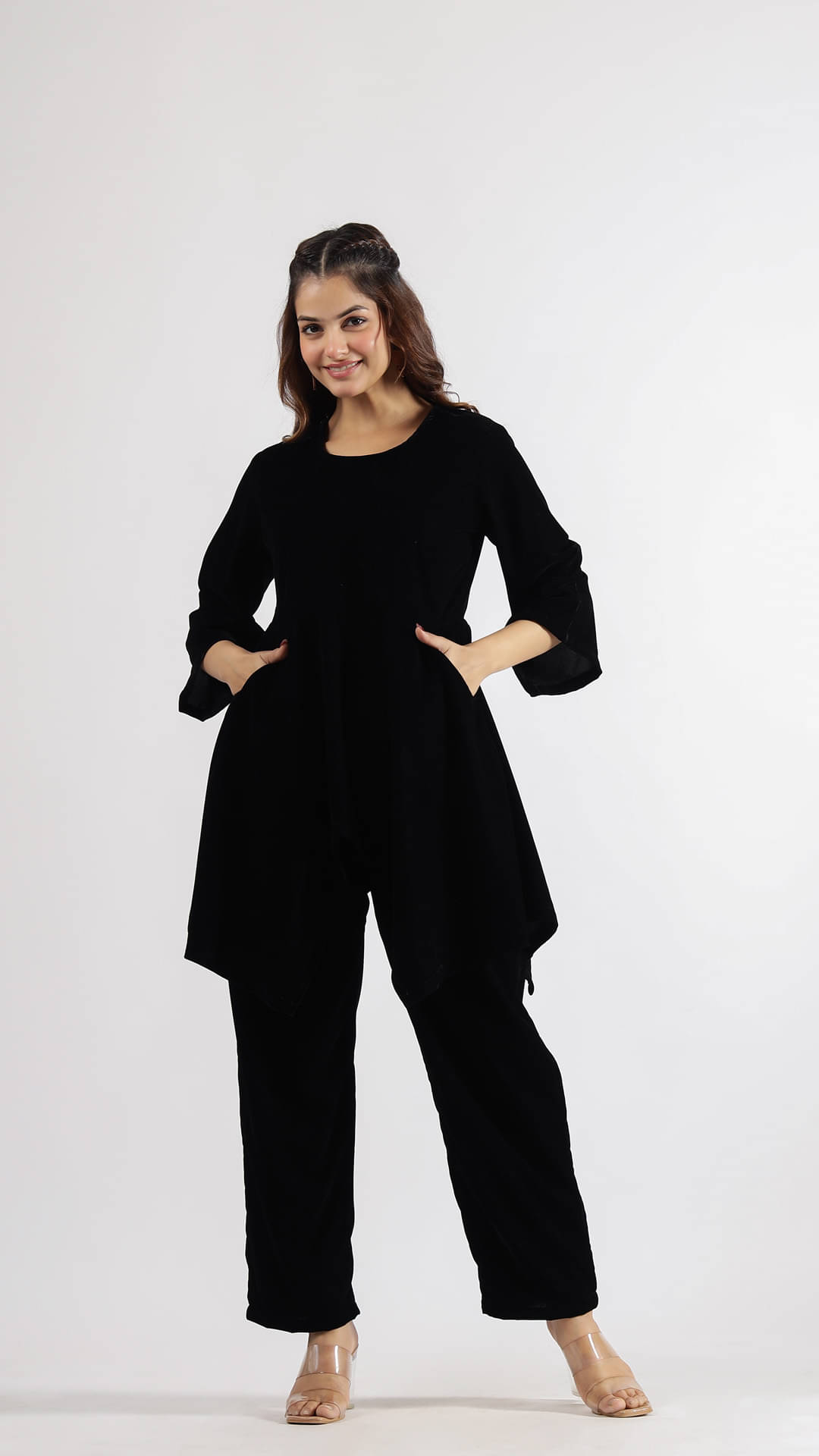     			Label Flavia Women Solid Top With Trousers Co-Ord Set ( Black )