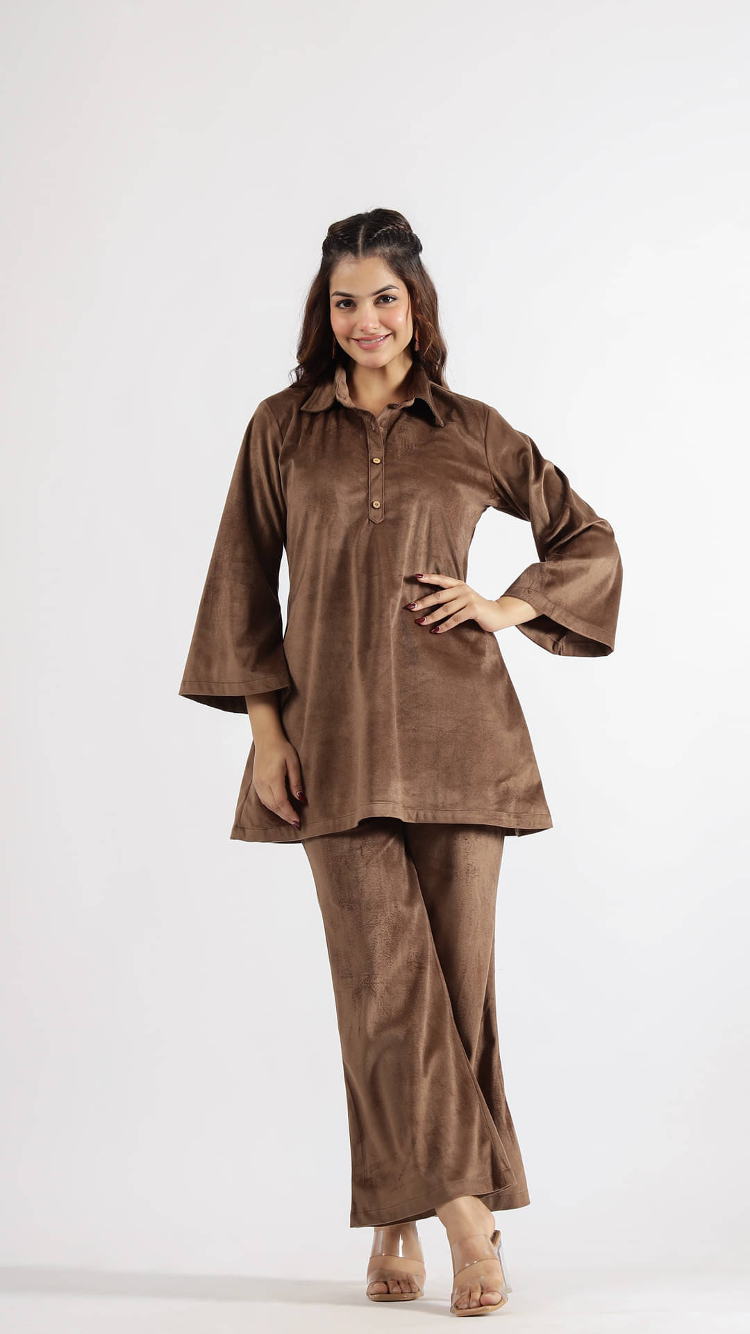     			Label Flavia Women Solid Top With Trousers Co-Ord Set ( Coffee )