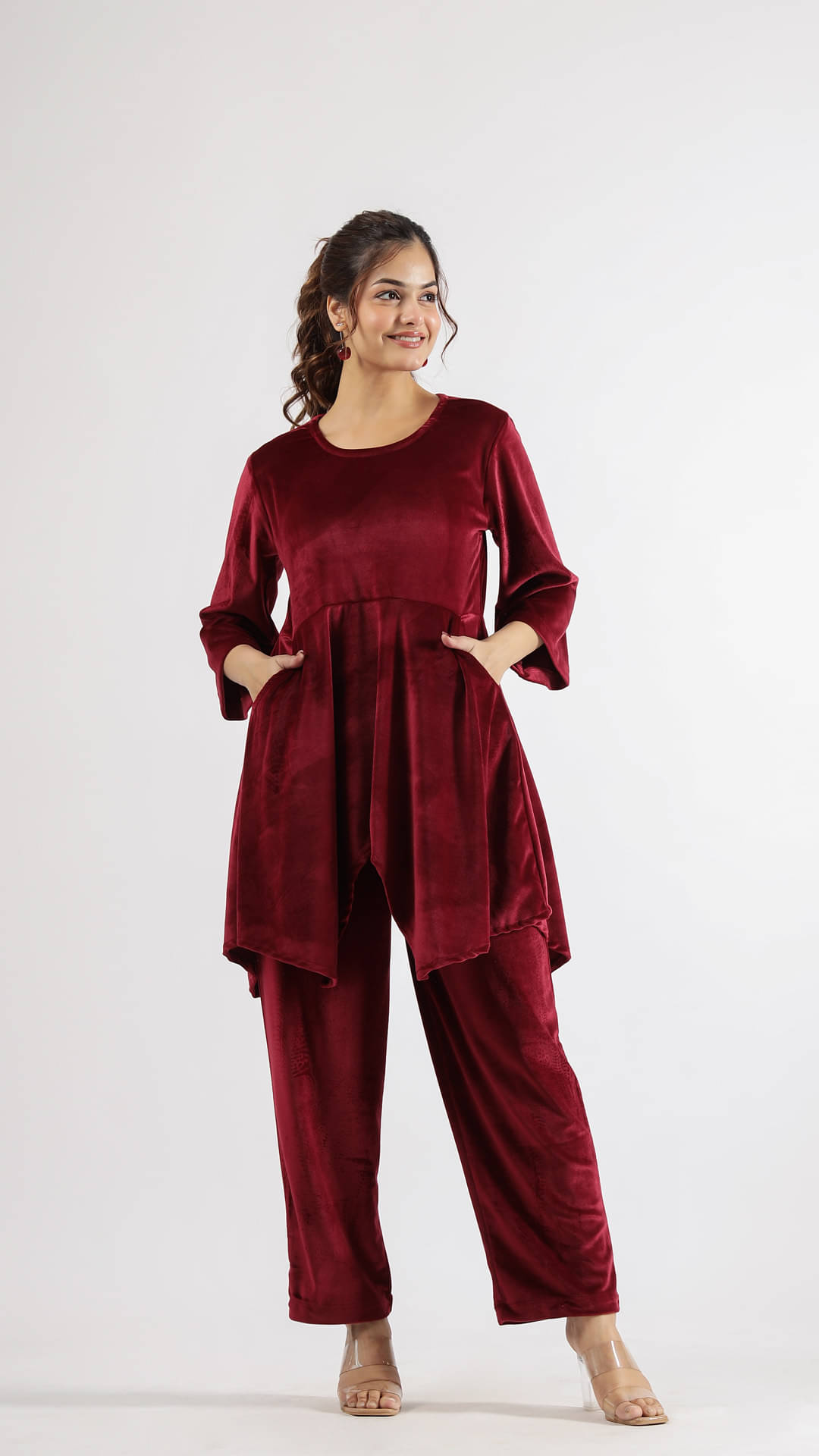     			Label Flavia Women Solid Top With Trousers Co-Ord Set ( Maroon )